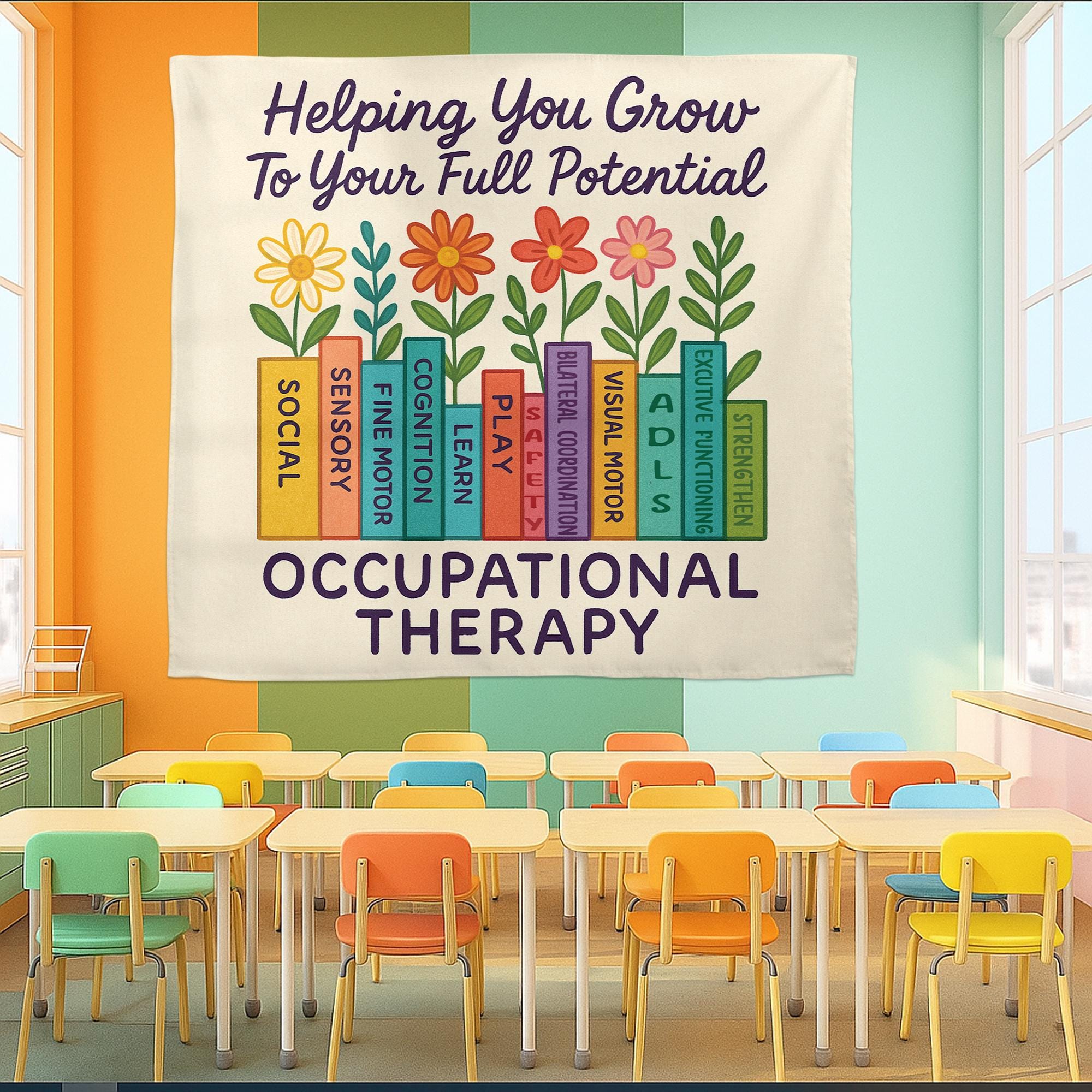 Occupational Therapy Tapestry, Floral Book Wall Art, OT Office Decor, Motivational Therapist Poster, Pediatric OT Gift, Office Decoration