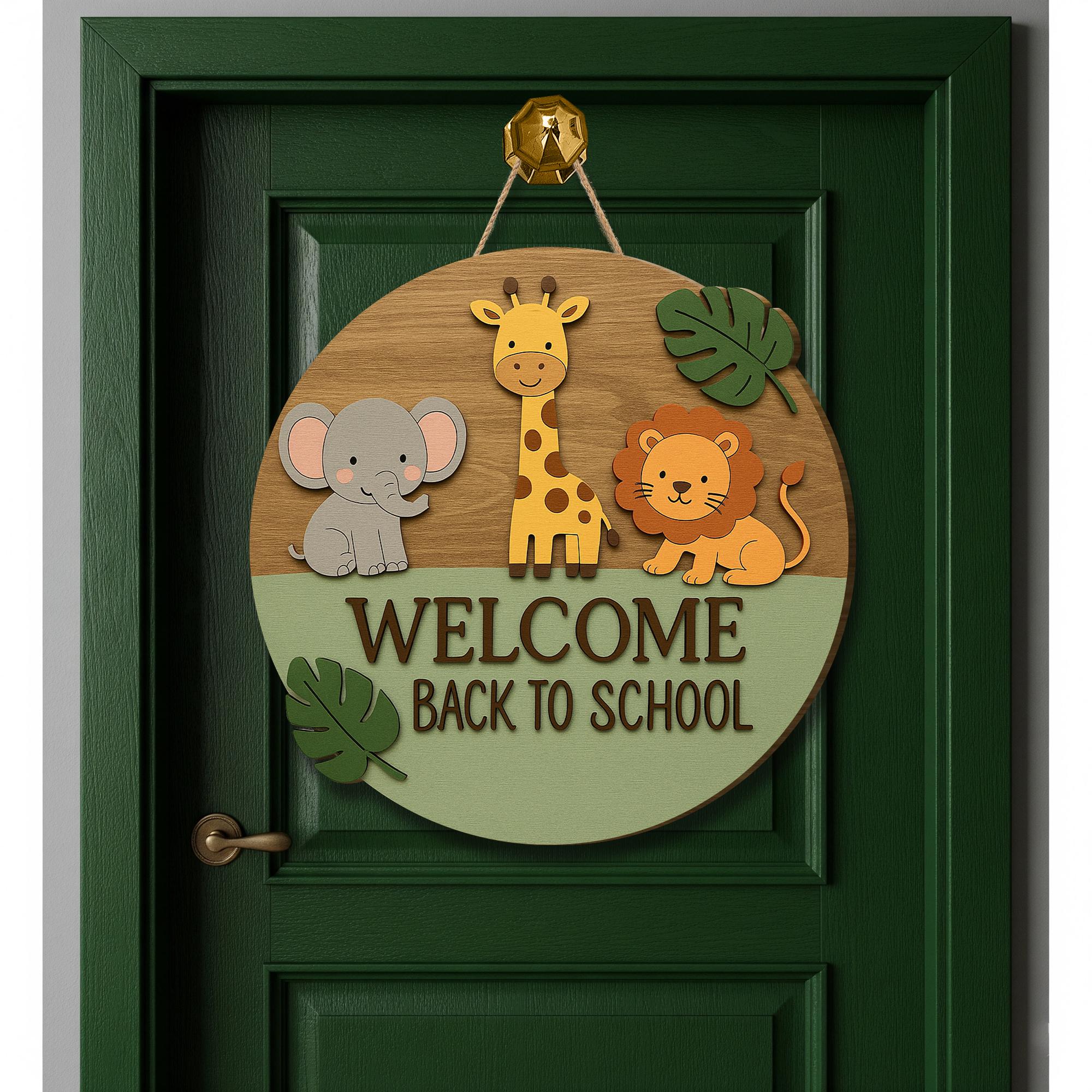 Welcome Back to School Sign, Jungle Animal Classroom Door Hanger, Kindergarten Wooden Decor, Teacher Back to School Gift