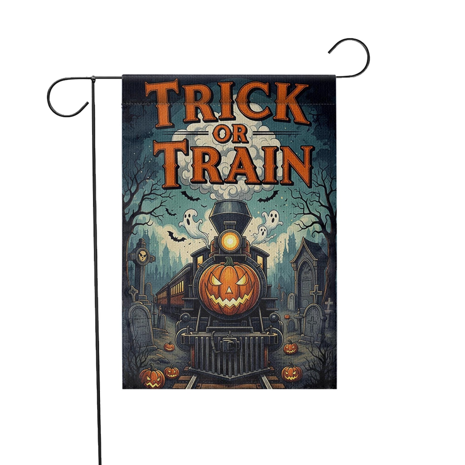 Trick or Train Garden Flag - Halloween Haunted Train Yard Sign - Spooky Pumpkin Railway Decor - Gothic Outdoor Fall Flag