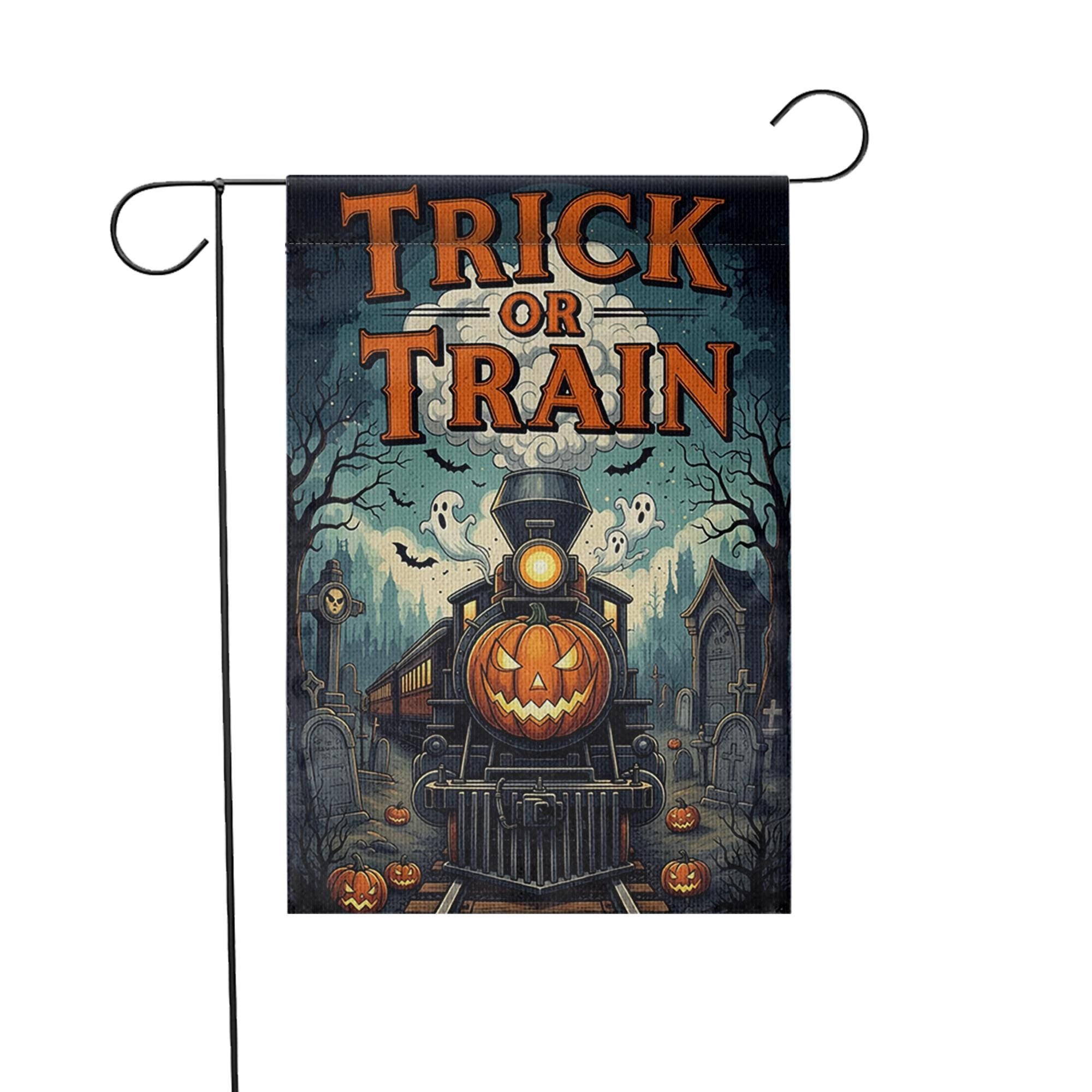 Trick or Train Garden Flag - Halloween Haunted Train Yard Sign - Spooky Pumpkin Railway Decor - Gothic Outdoor Fall Flag