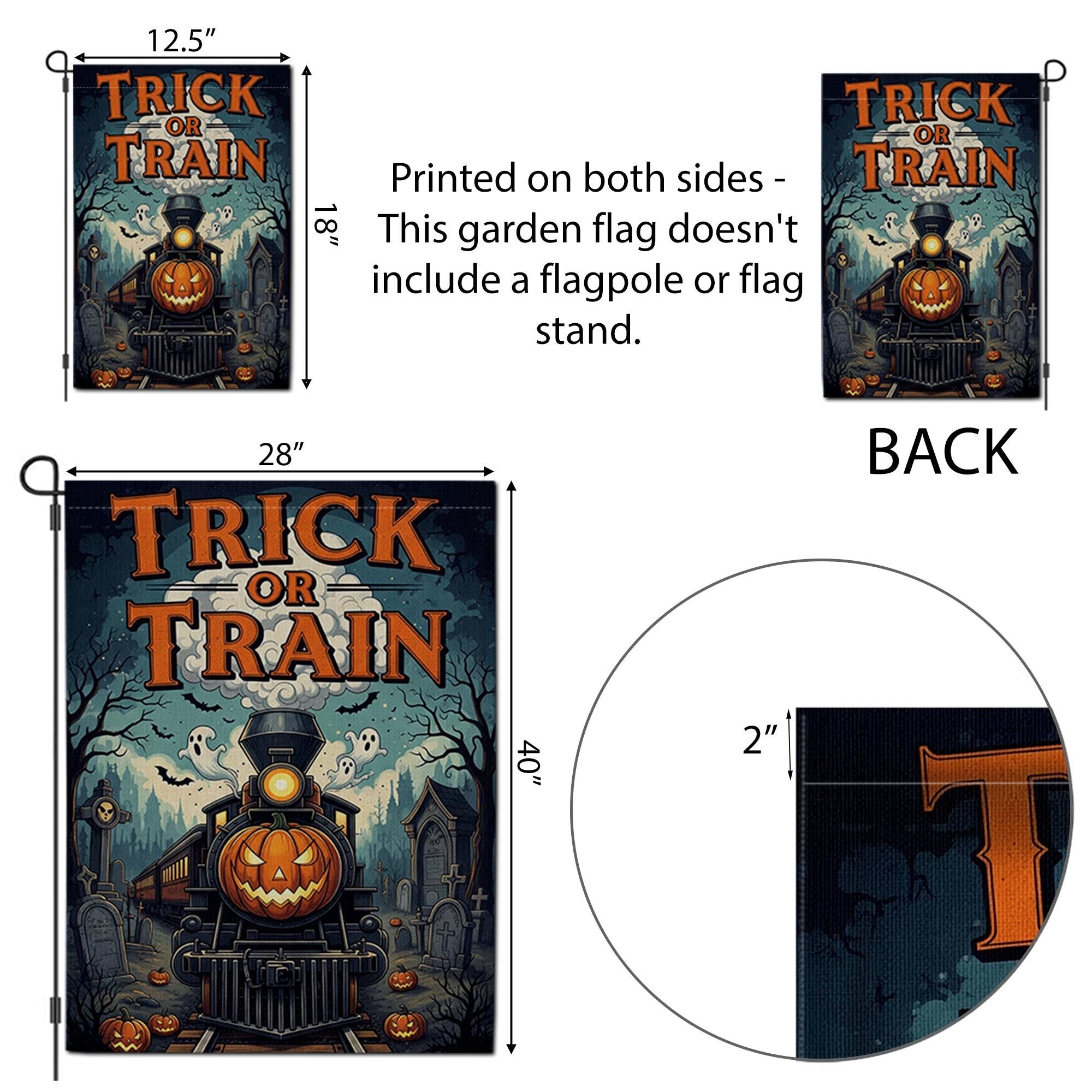 Trick or Train Garden Flag - Halloween Haunted Train Yard Sign - Spooky Pumpkin Railway Decor - Gothic Outdoor Fall Flag