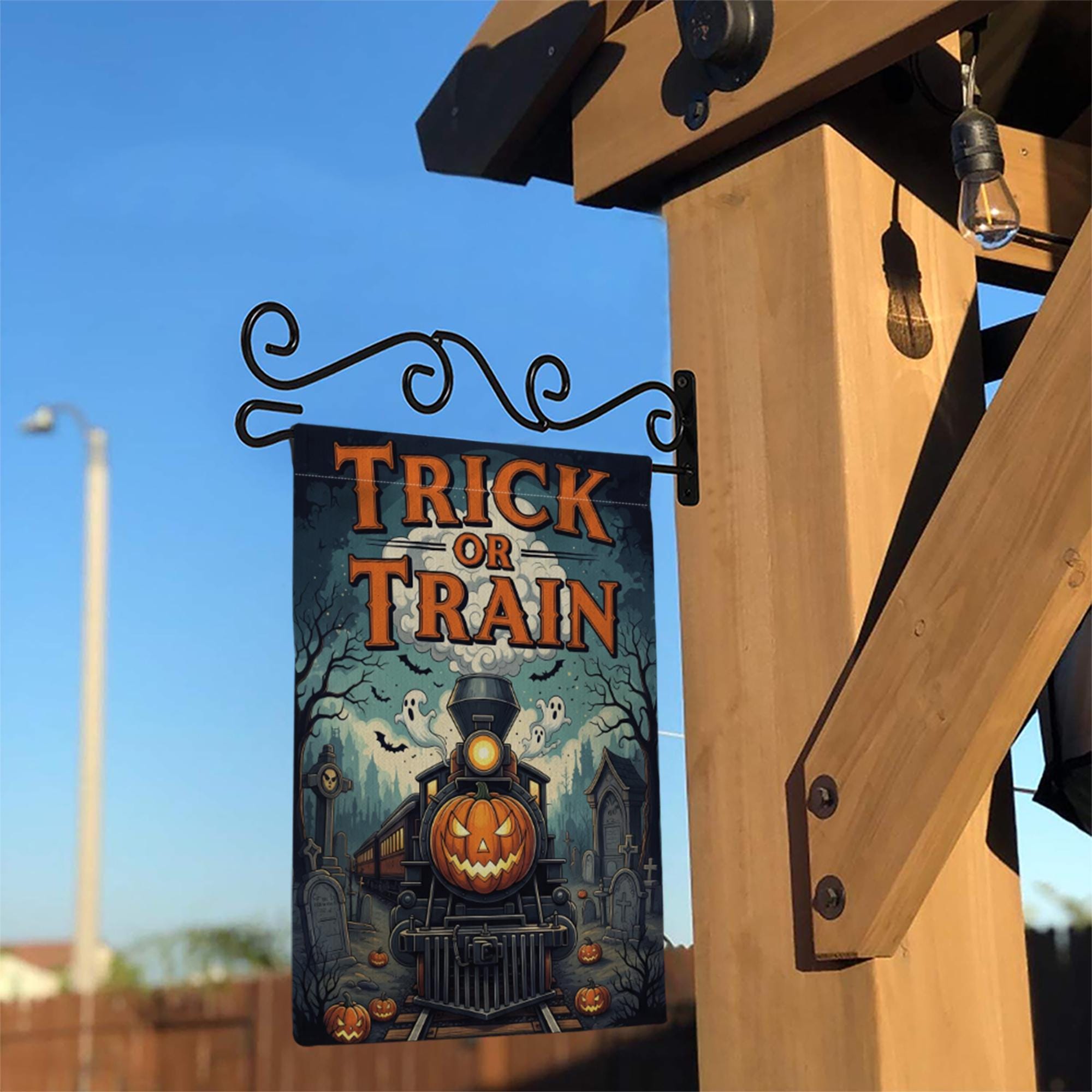 Trick or Train Garden Flag - Halloween Haunted Train Yard Sign - Spooky Pumpkin Railway Decor - Gothic Outdoor Fall Flag