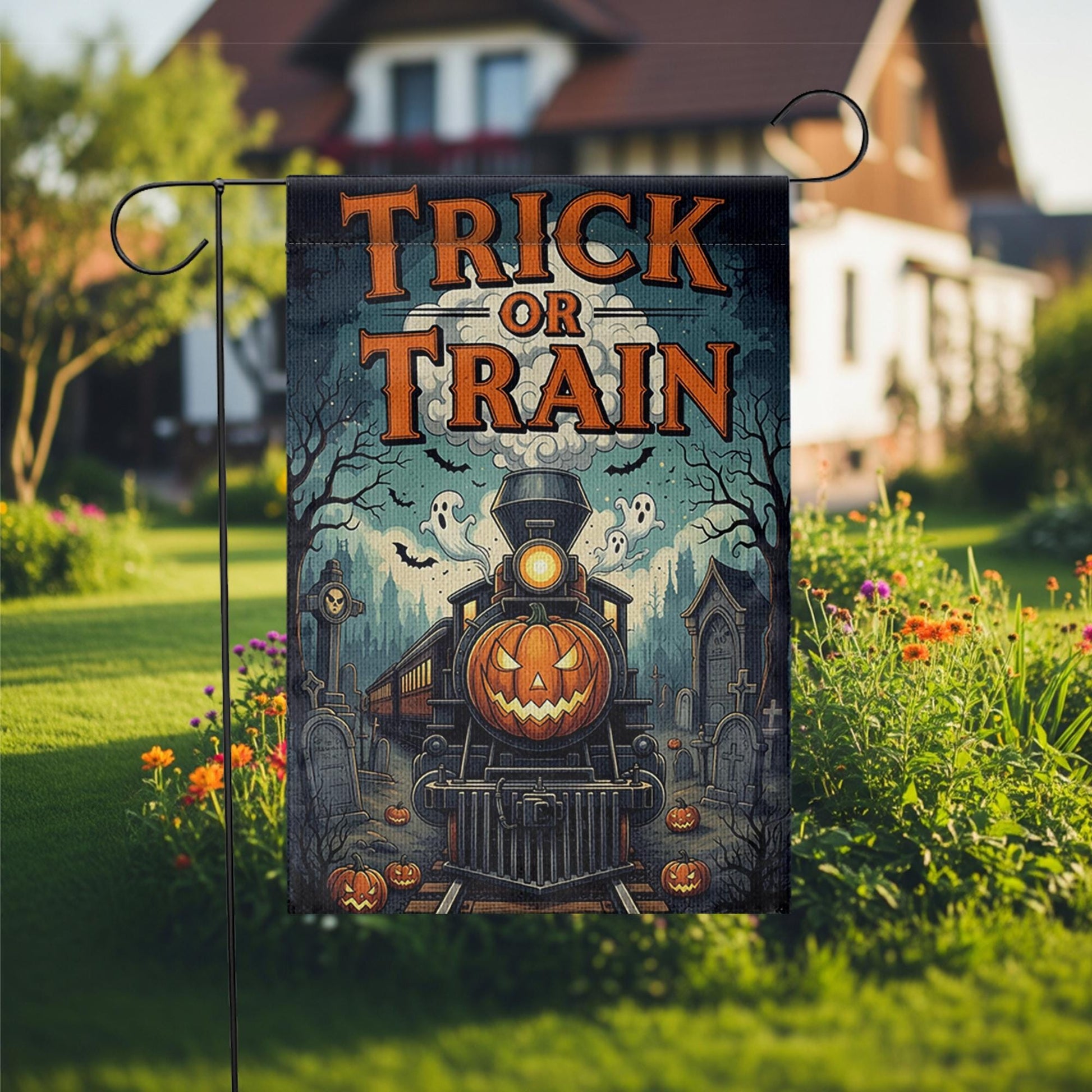 Trick or Train Garden Flag - Halloween Haunted Train Yard Sign - Spooky Pumpkin Railway Decor - Gothic Outdoor Fall Flag