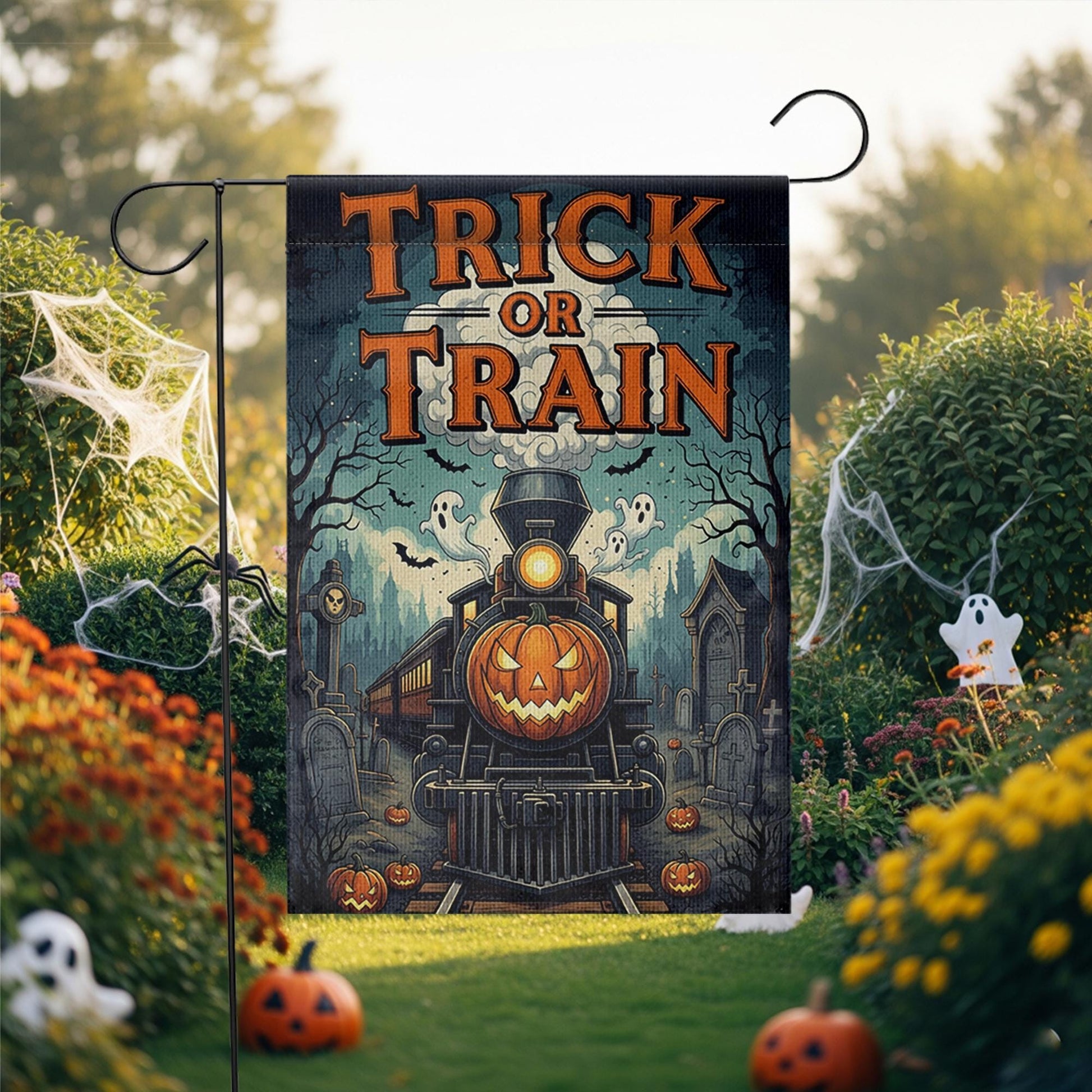 Trick or Train Garden Flag - Halloween Haunted Train Yard Sign - Spooky Pumpkin Railway Decor - Gothic Outdoor Fall Flag