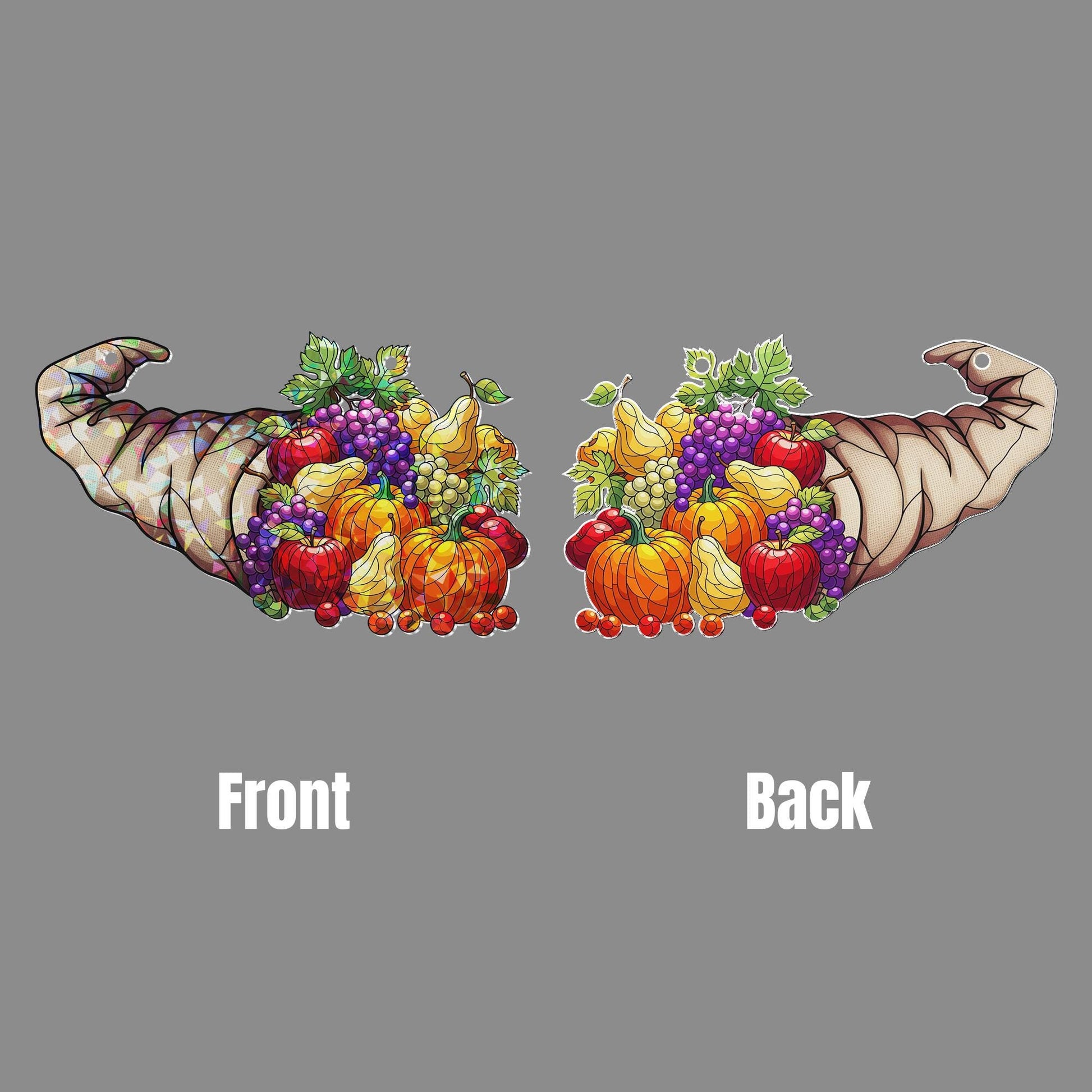 Gnome Hat Cornucopia Holographic Suncatcher – Fall Harvest Window Hanging, Thanksgiving Fruit Decor, Stained Glass Style Autumn Art