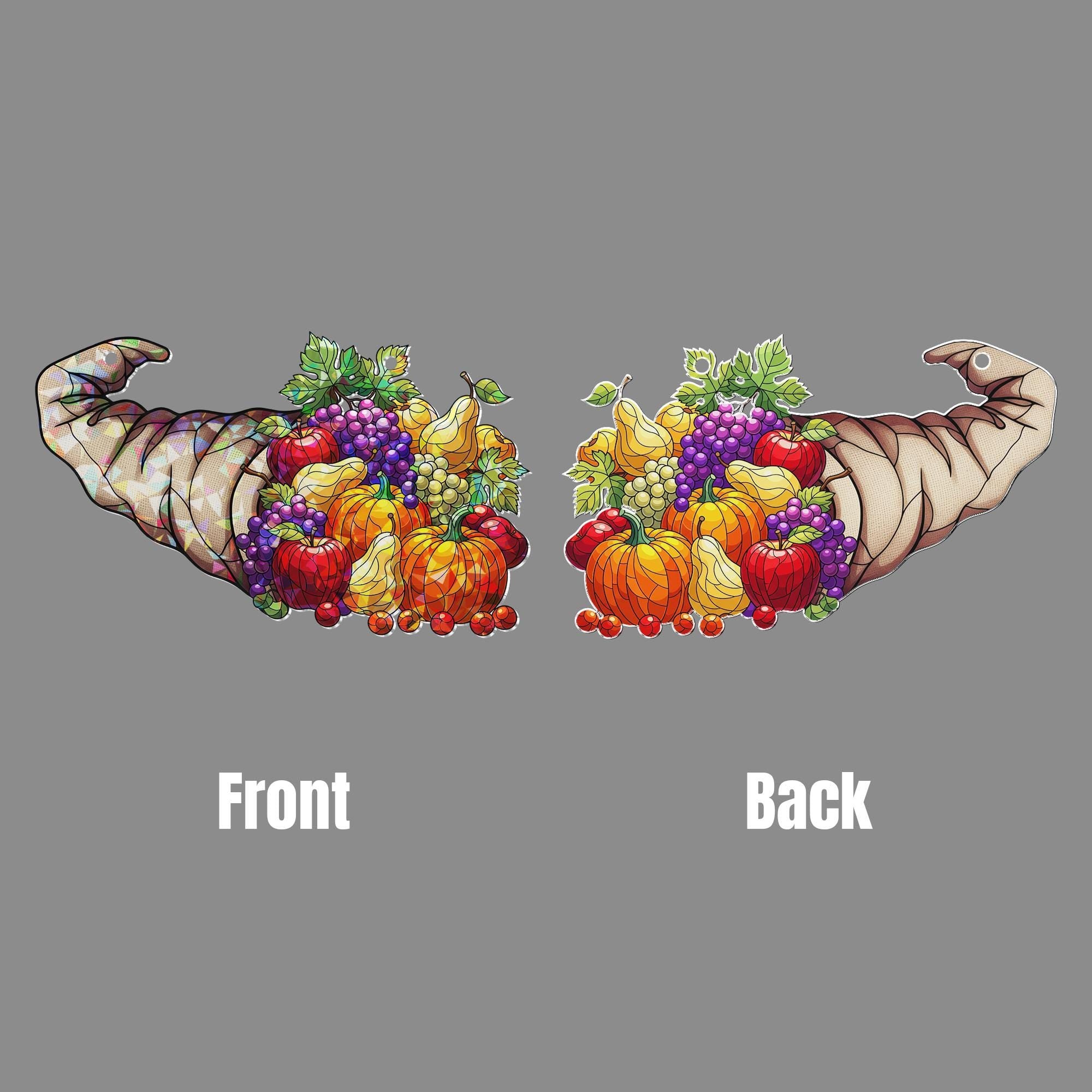 Gnome Hat Cornucopia Holographic Suncatcher – Fall Harvest Window Hanging, Thanksgiving Fruit Decor, Stained Glass Style Autumn Art