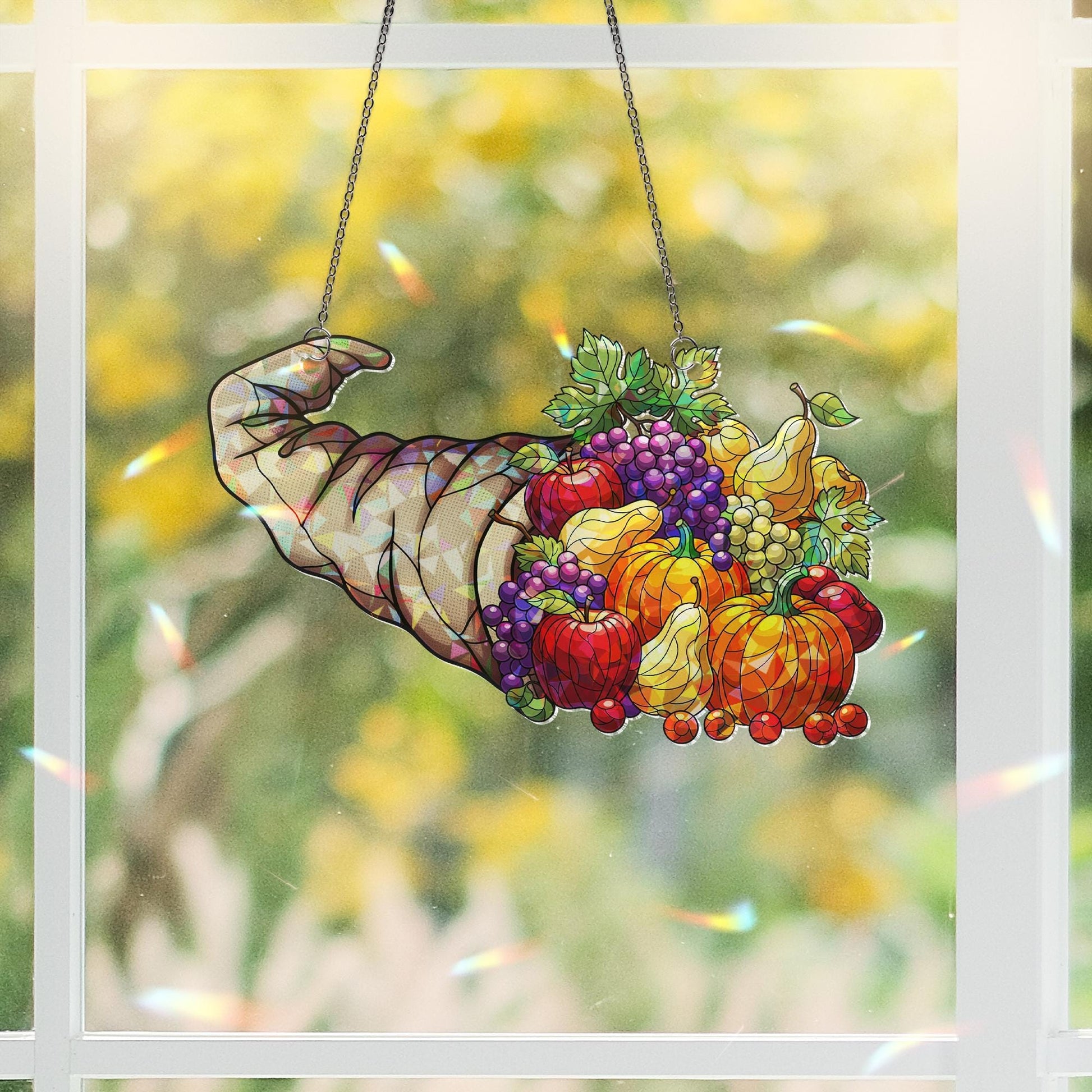Gnome Hat Cornucopia Holographic Suncatcher – Fall Harvest Window Hanging, Thanksgiving Fruit Decor, Stained Glass Style Autumn Art