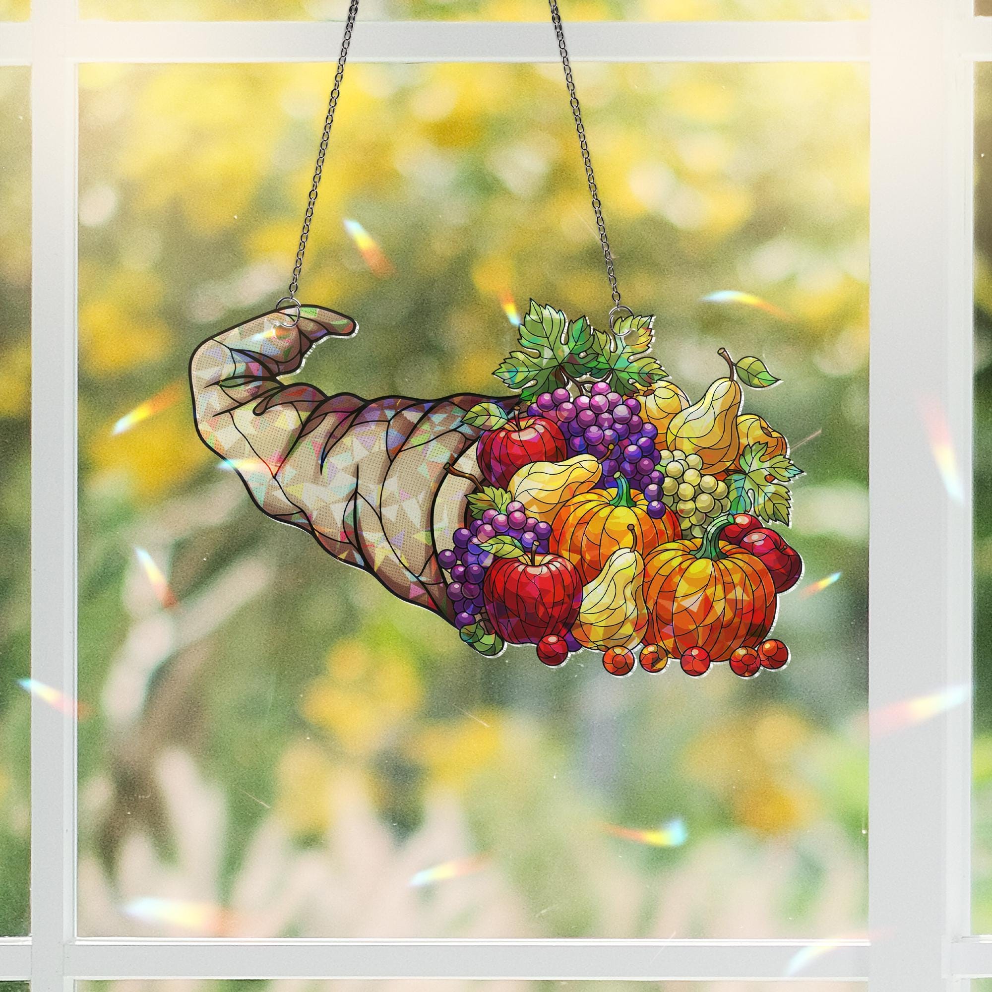 Gnome Hat Cornucopia Holographic Suncatcher – Fall Harvest Window Hanging, Thanksgiving Fruit Decor, Stained Glass Style Autumn Art