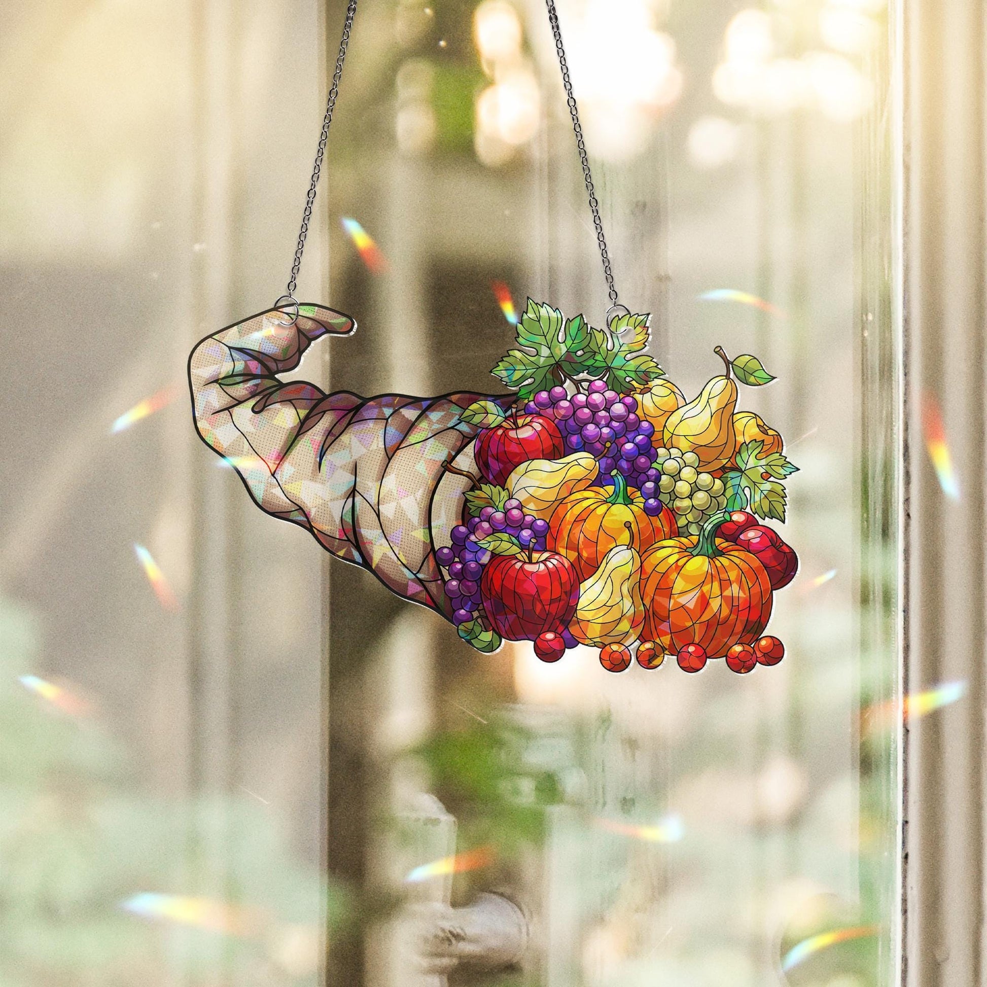 Gnome Hat Cornucopia Holographic Suncatcher – Fall Harvest Window Hanging, Thanksgiving Fruit Decor, Stained Glass Style Autumn Art