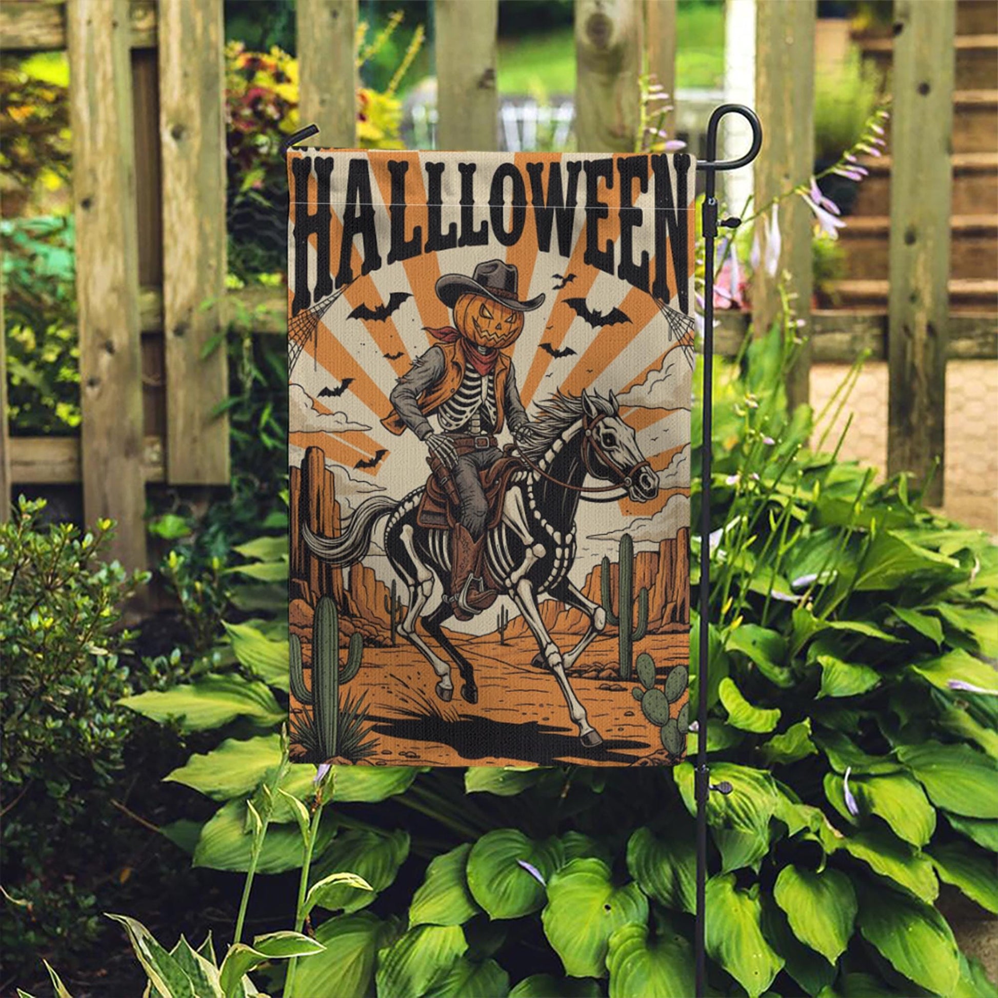Cowboy Skeleton Halloween Garden Flag - Western Pumpkin Rider Yard Decor - Spooky Horseback Outdoor Fall Decoration
