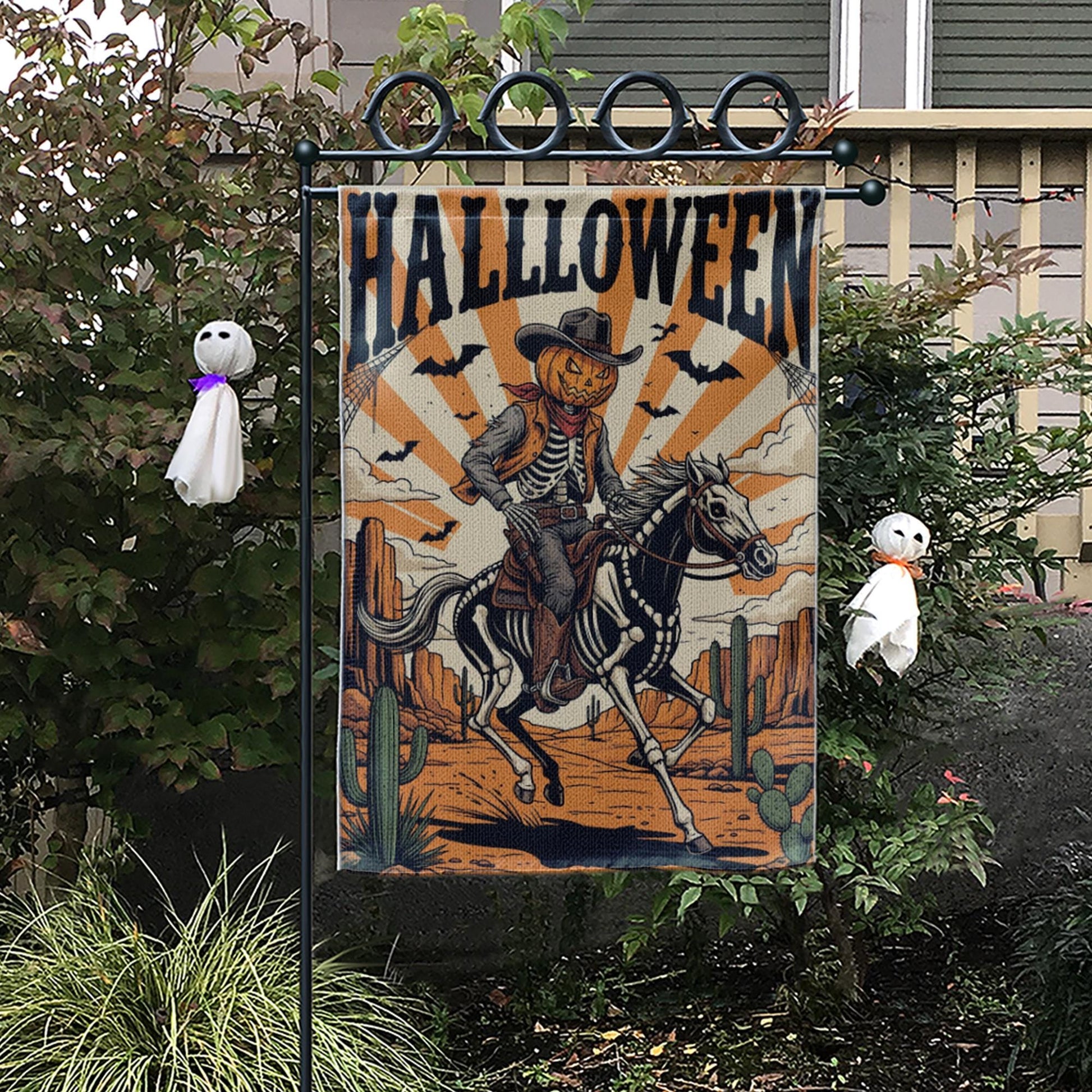 Cowboy Skeleton Halloween Garden Flag - Western Pumpkin Rider Yard Decor - Spooky Horseback Outdoor Fall Decoration