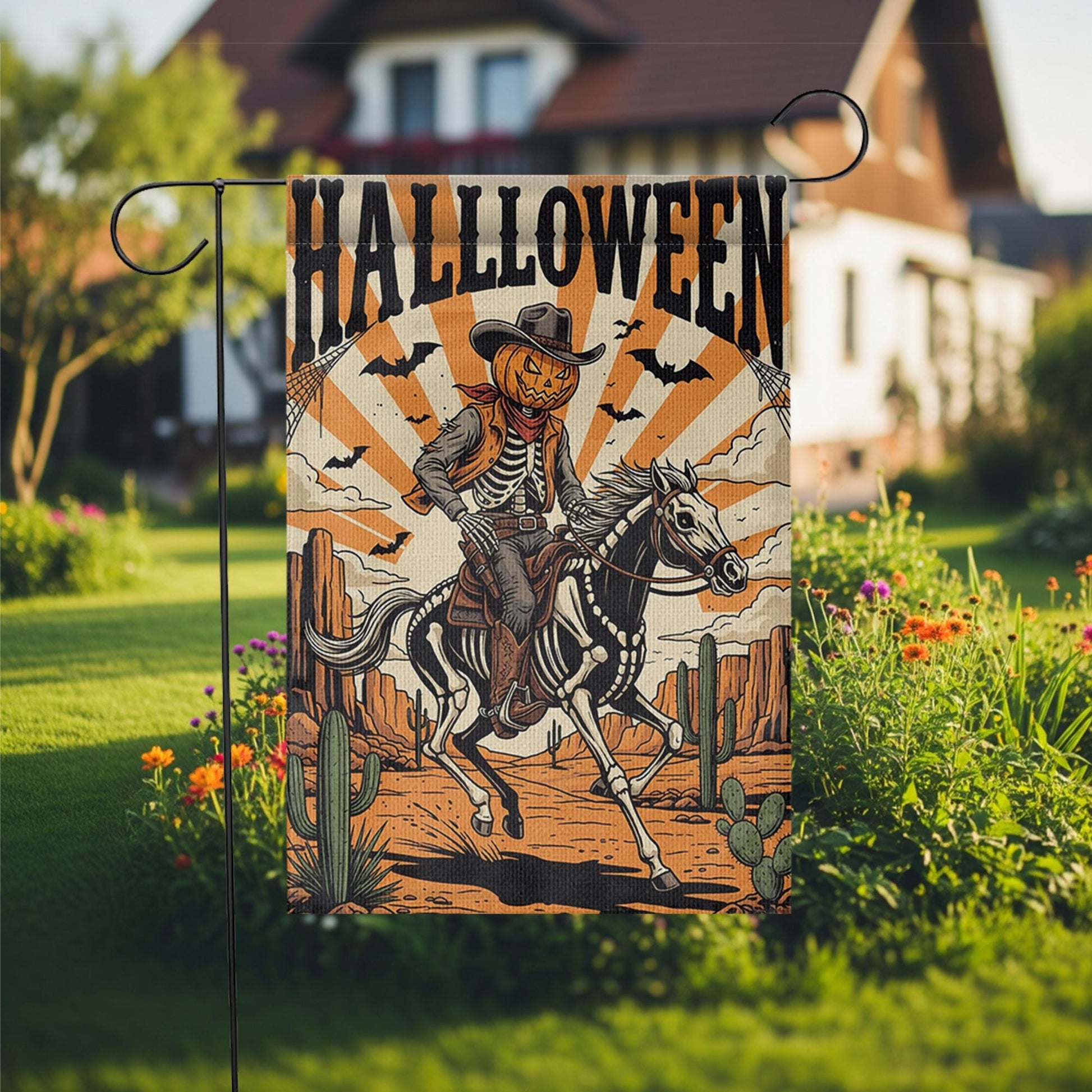 Cowboy Skeleton Halloween Garden Flag - Western Pumpkin Rider Yard Decor - Spooky Horseback Outdoor Fall Decoration