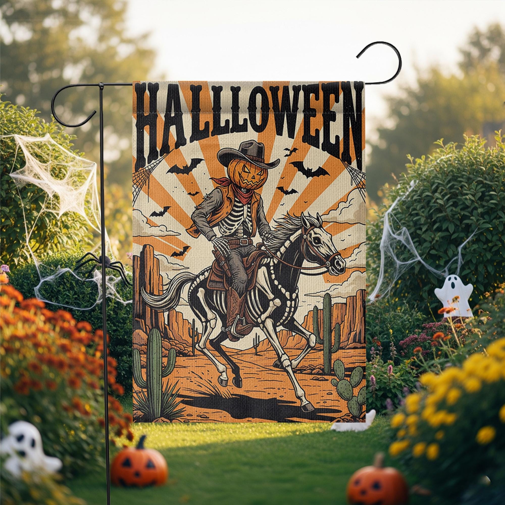 Cowboy Skeleton Halloween Garden Flag - Western Pumpkin Rider Yard Decor - Spooky Horseback Outdoor Fall Decoration
