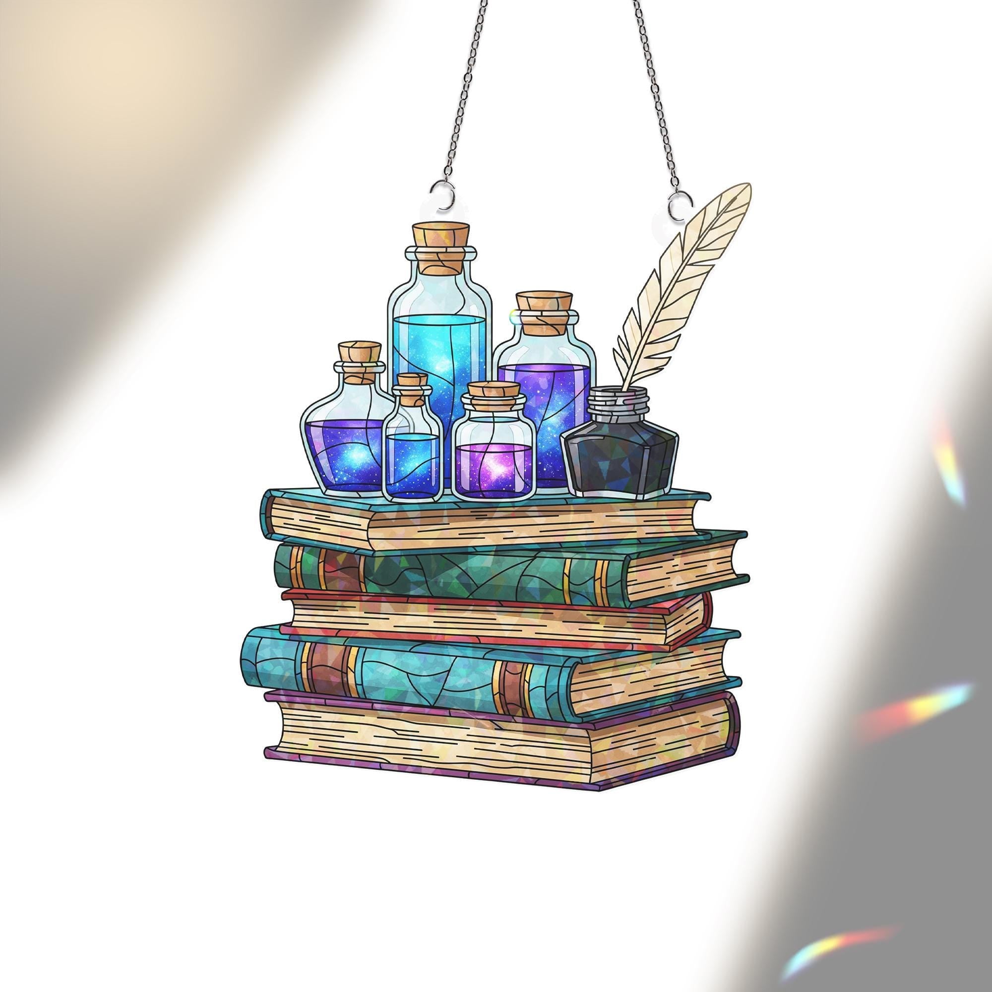 Potion Bottles and Books Holographic Suncatcher – Magic Alchemy Window Hanging, Fantasy Witchy Decor, Stained Glass Style Ornament