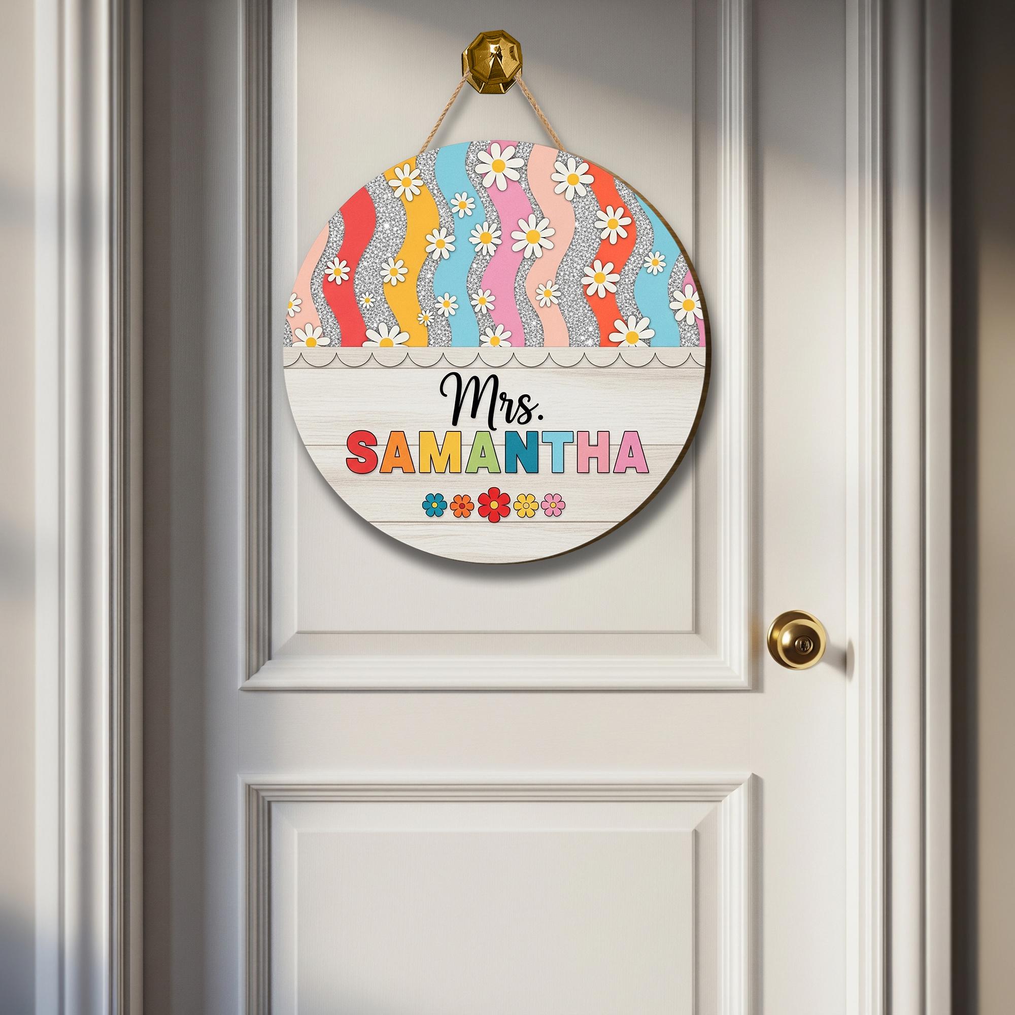 Custom Teacher Door Sign, Personalized Rainbow Floral Classroom Decor, Back to School Wooden Sign, Teacher Gift Idea