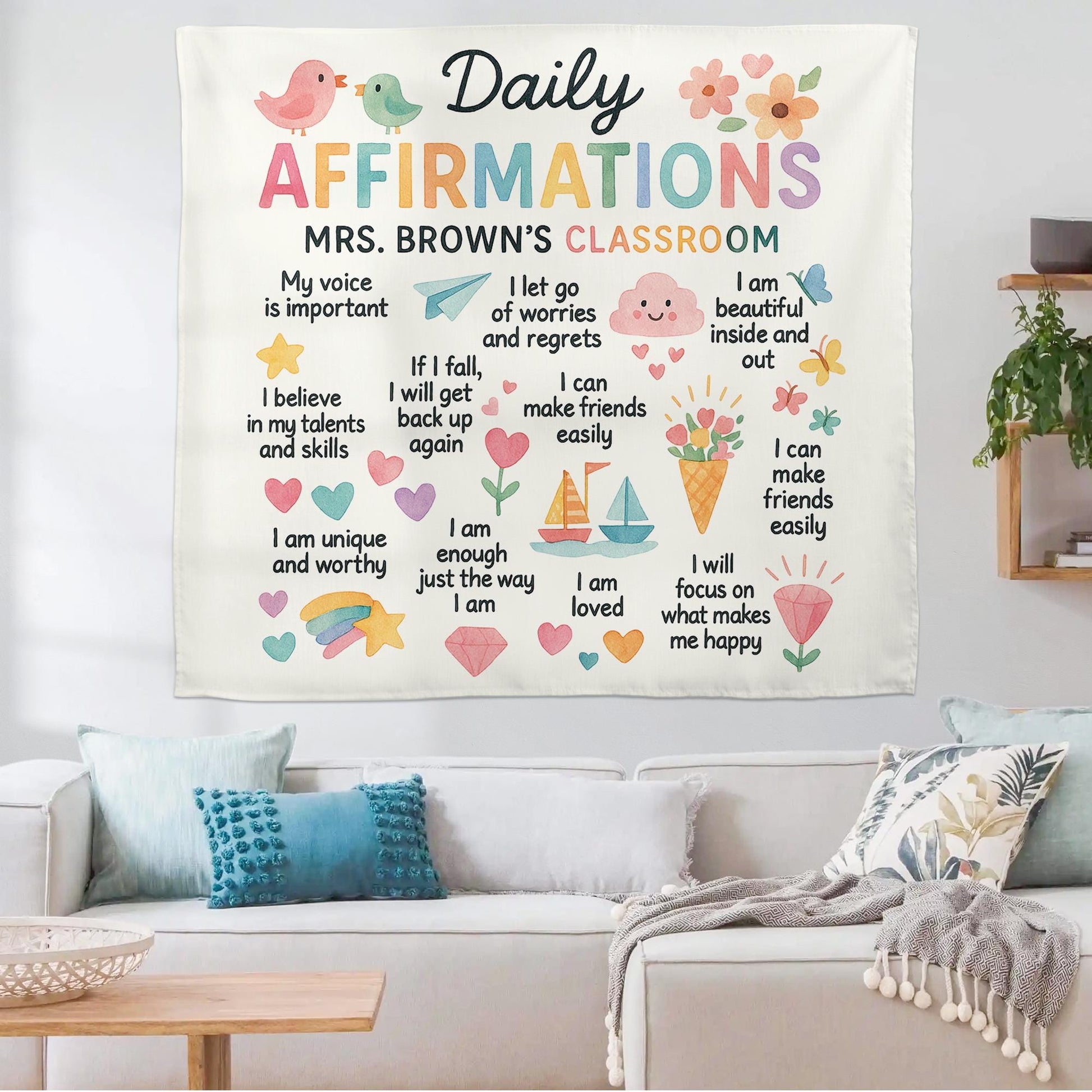 Personalized Classroom Daily Affirmations Tapestry, Kids Motivation Wall Decor, Positive Quote Banner for Teachers, Preschool Classroom