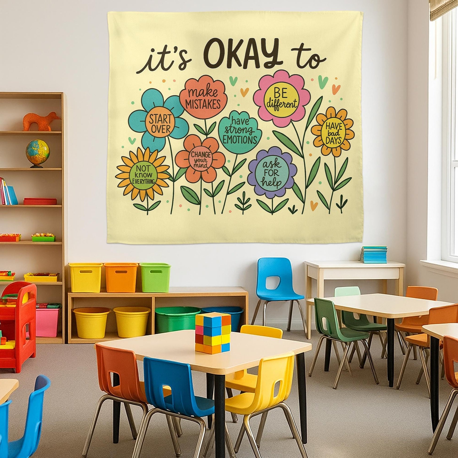 It’s Okay To Tapestry – Positive Mental Health Wall Art, Classroom or Therapy Office Decor, Inspirational Growth Banner for Kids & Adults