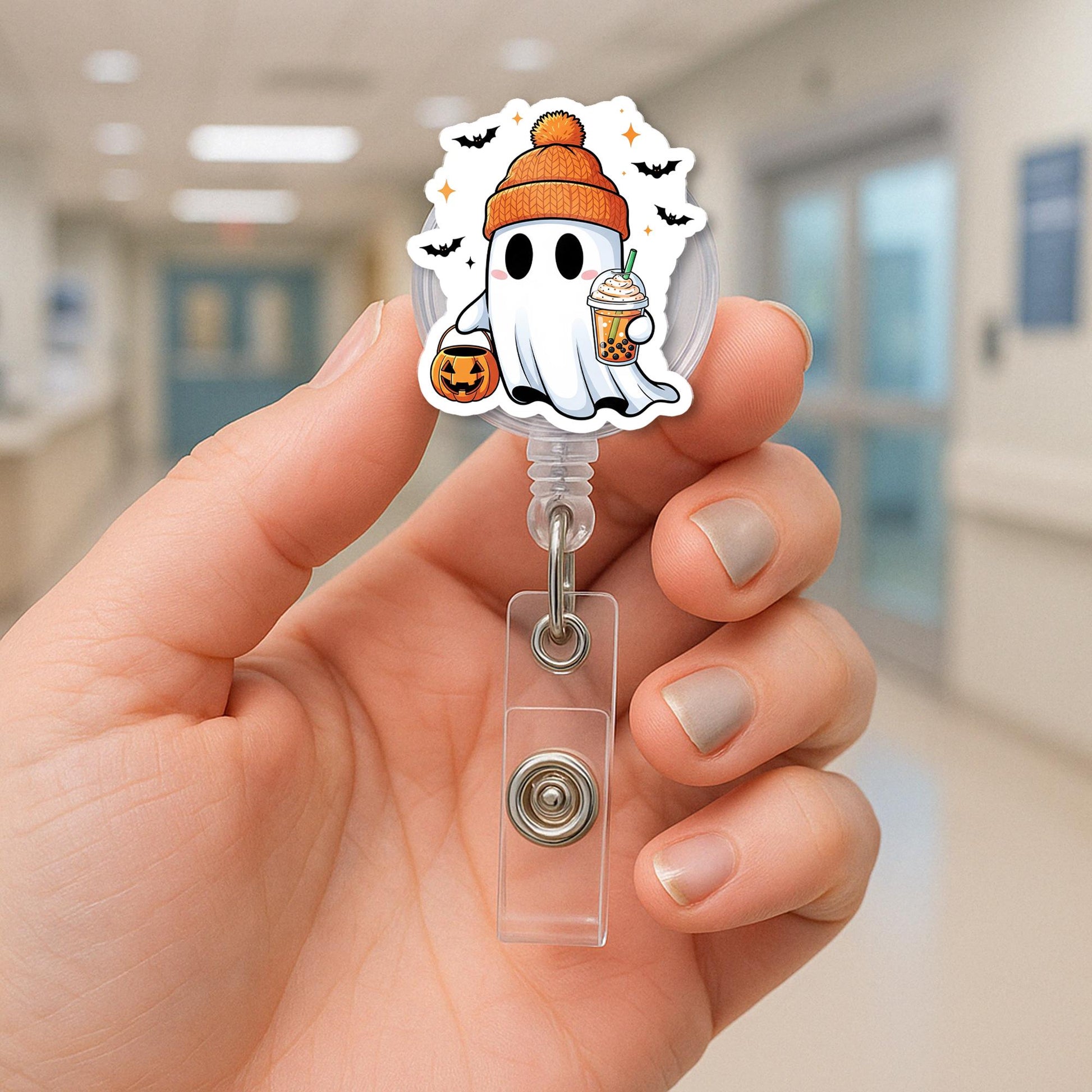 Fall Ghost Badge Reel, Halloween Coffee ID Clip, Cute Pumpkin Spice Badge Holder, Autumn Nurse Accessory, Spooky Season Gift