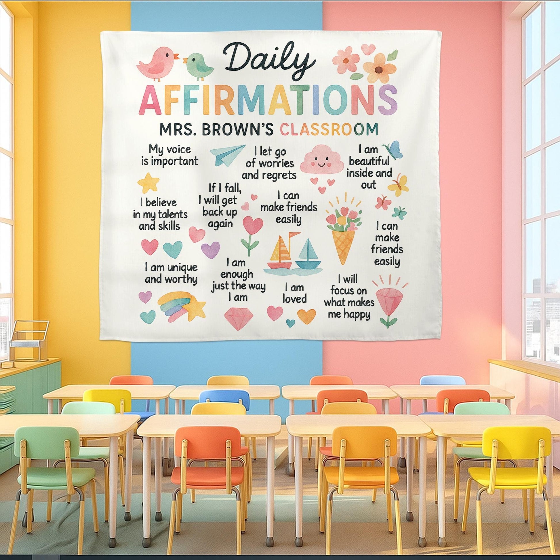 Personalized Classroom Daily Affirmations Tapestry, Kids Motivation Wall Decor, Positive Quote Banner for Teachers, Preschool Classroom
