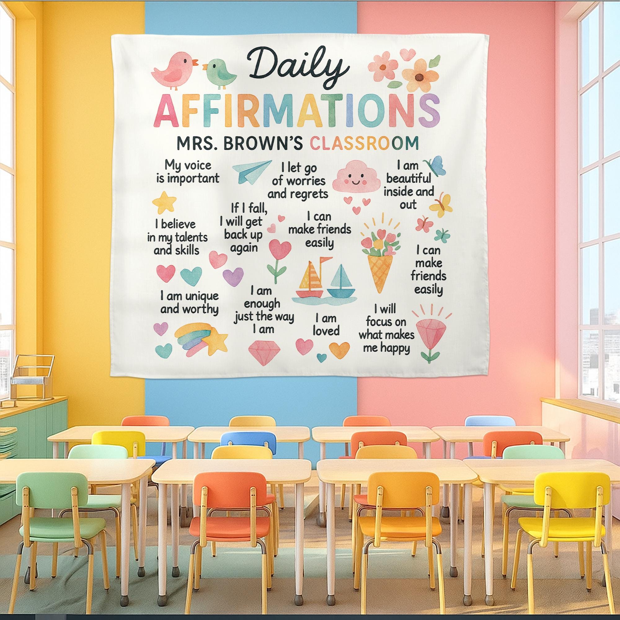 Personalized Classroom Daily Affirmations Tapestry, Kids Motivation Wall Decor, Positive Quote Banner for Teachers, Preschool Classroom