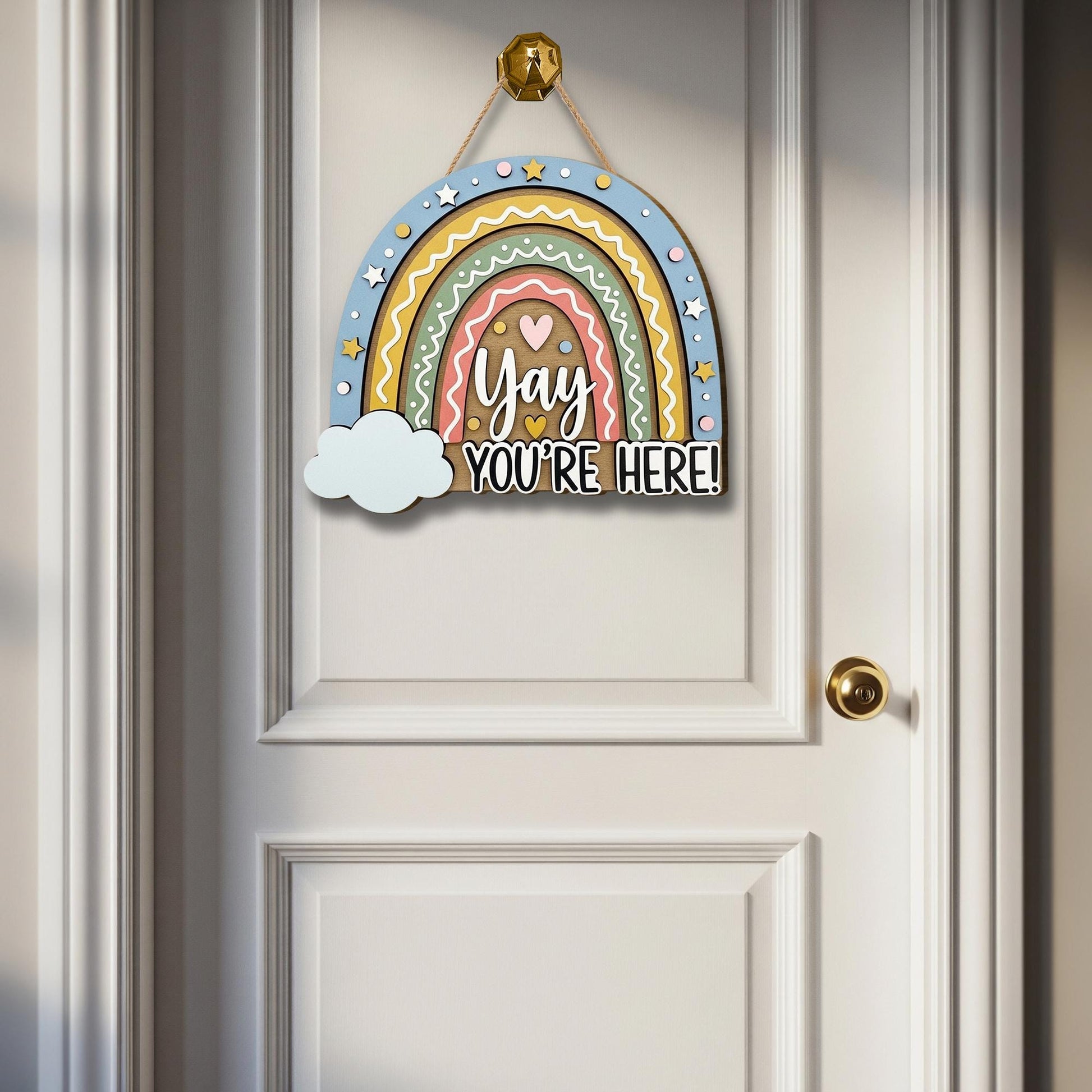 3D Rainbow Welcome Sign, Yay You're Here Classroom Decor, Back to School Wooden Door Hanger, Cute Teacher Gift for Students