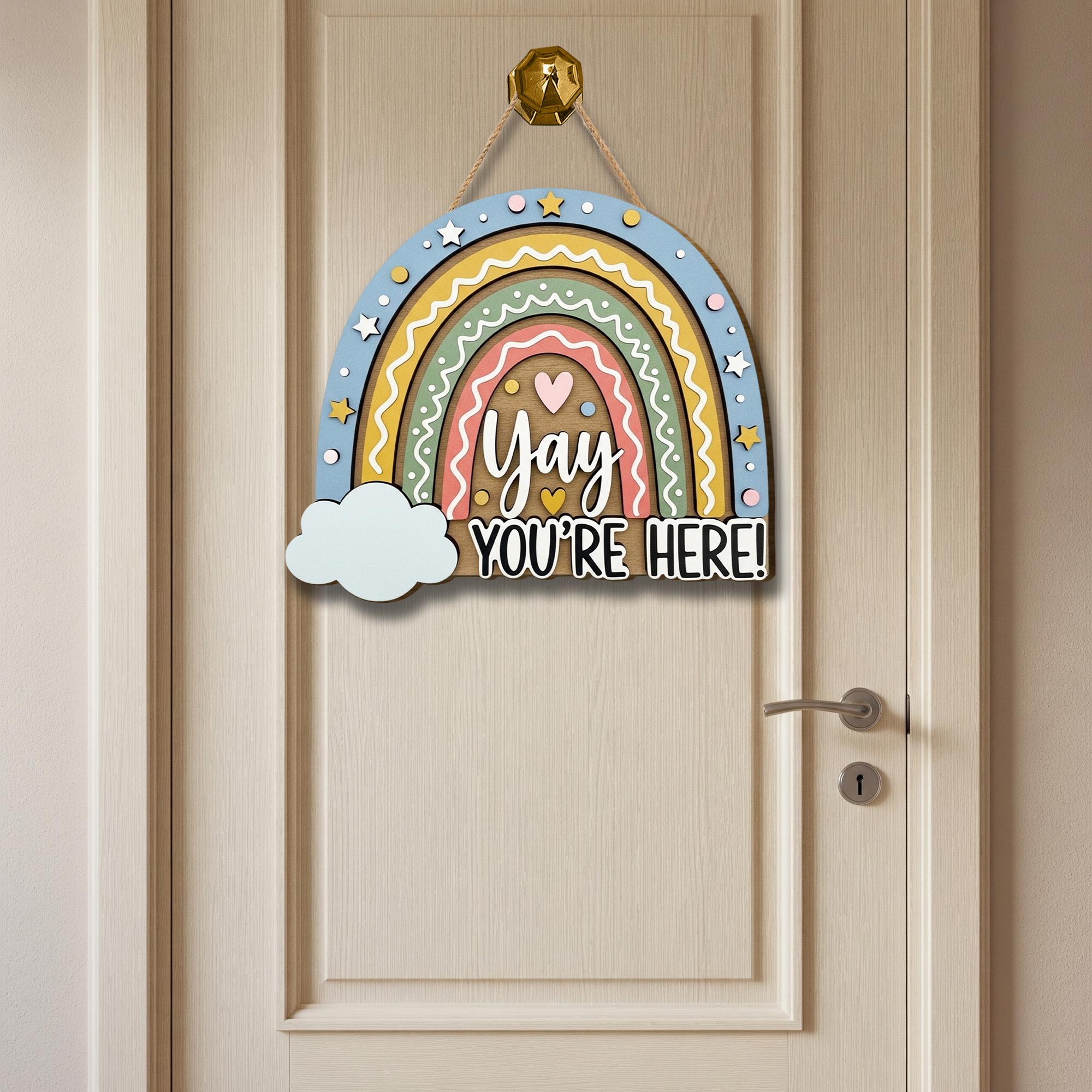 3D Rainbow Welcome Sign, Yay You're Here Classroom Decor, Back to School Wooden Door Hanger, Cute Teacher Gift for Students