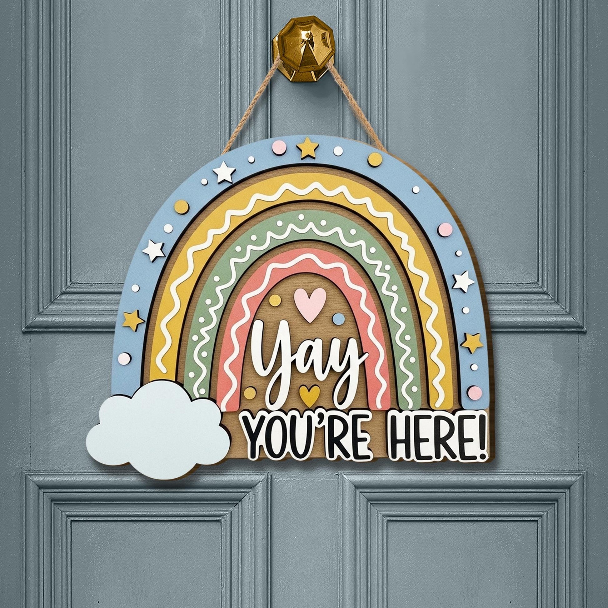 3D Rainbow Welcome Sign, Yay You're Here Classroom Decor, Back to School Wooden Door Hanger, Cute Teacher Gift for Students