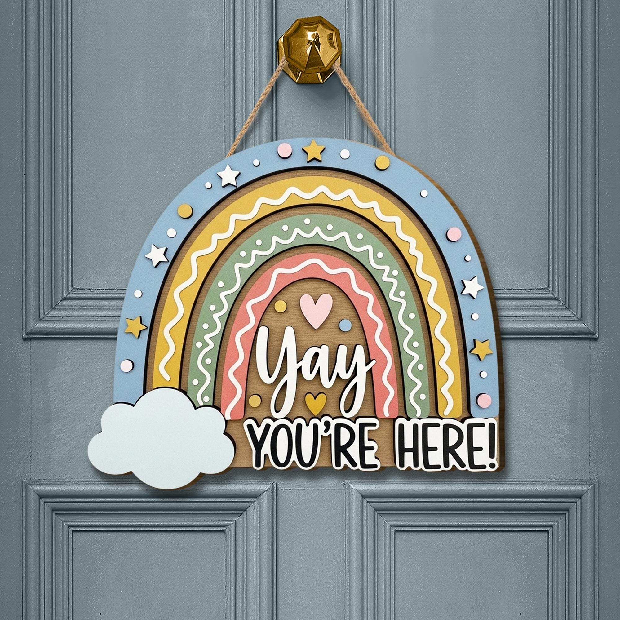 3D Rainbow Welcome Sign, Yay You're Here Classroom Decor, Back to School Wooden Door Hanger, Cute Teacher Gift for Students
