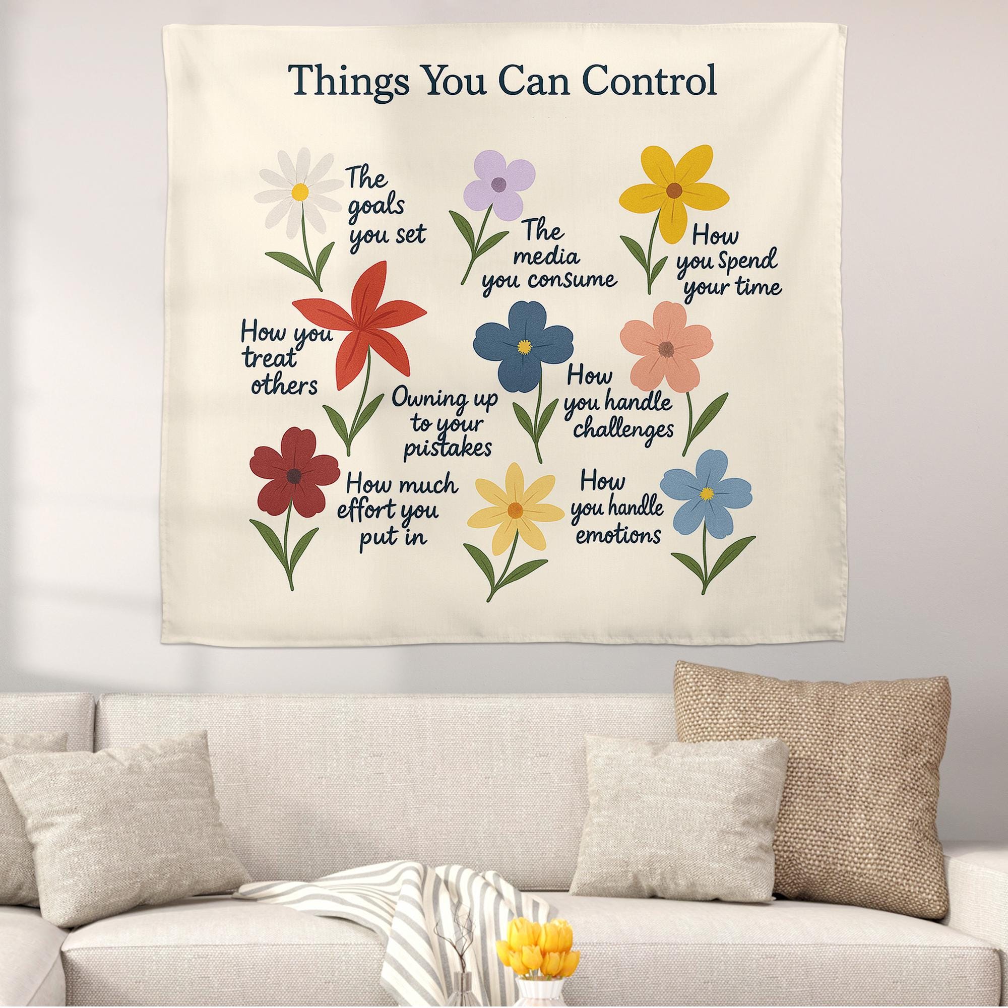 Things You Can Control Tapestry, Mental Health Wall Art, Motivational Floral Decor, Therapy Office Poster, Growth Mindset Gift