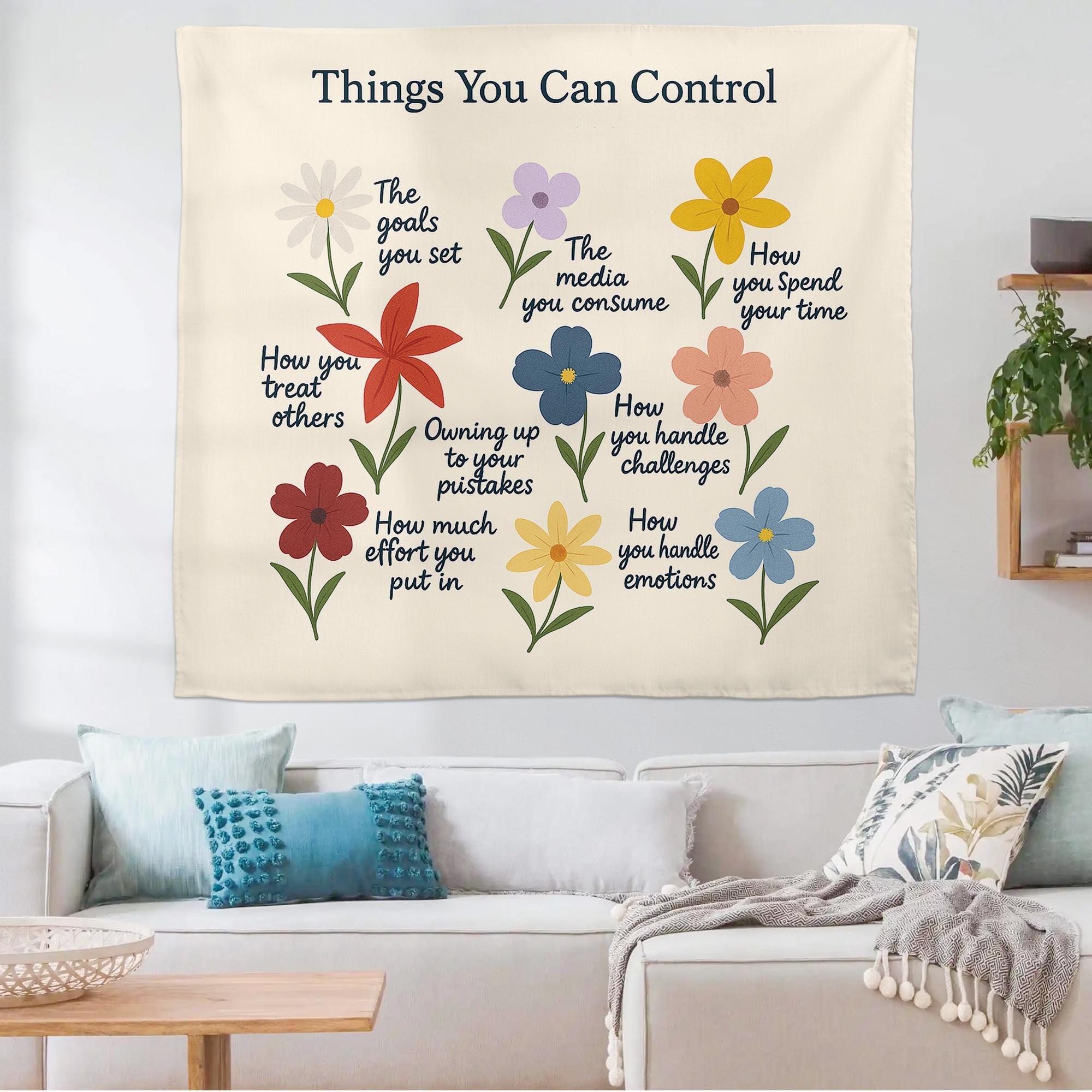 Things You Can Control Tapestry, Mental Health Wall Art, Motivational Floral Decor, Therapy Office Poster, Growth Mindset Gift