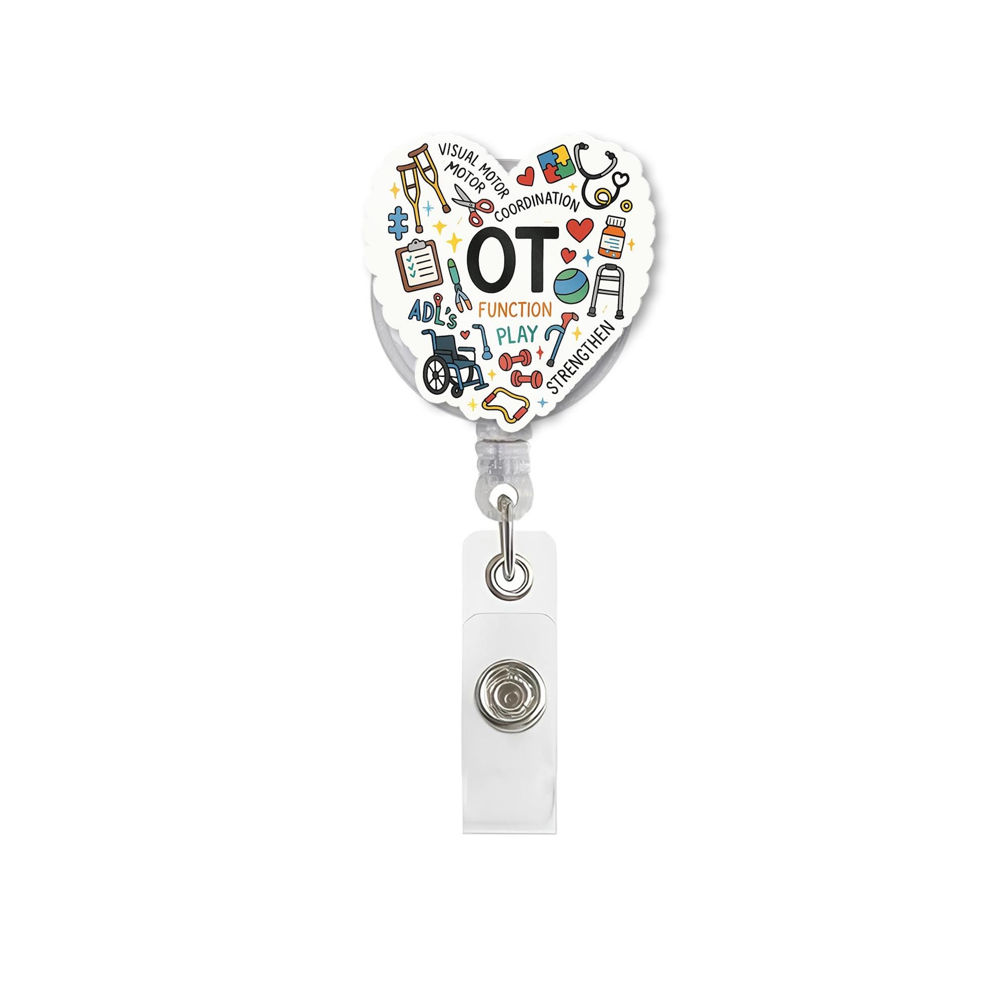OT Badge Reel, Occupational Therapist Retractable ID Holder, Heart Clip, Cute OT Gift for Healthcare Worker, Therapy Badge Clip