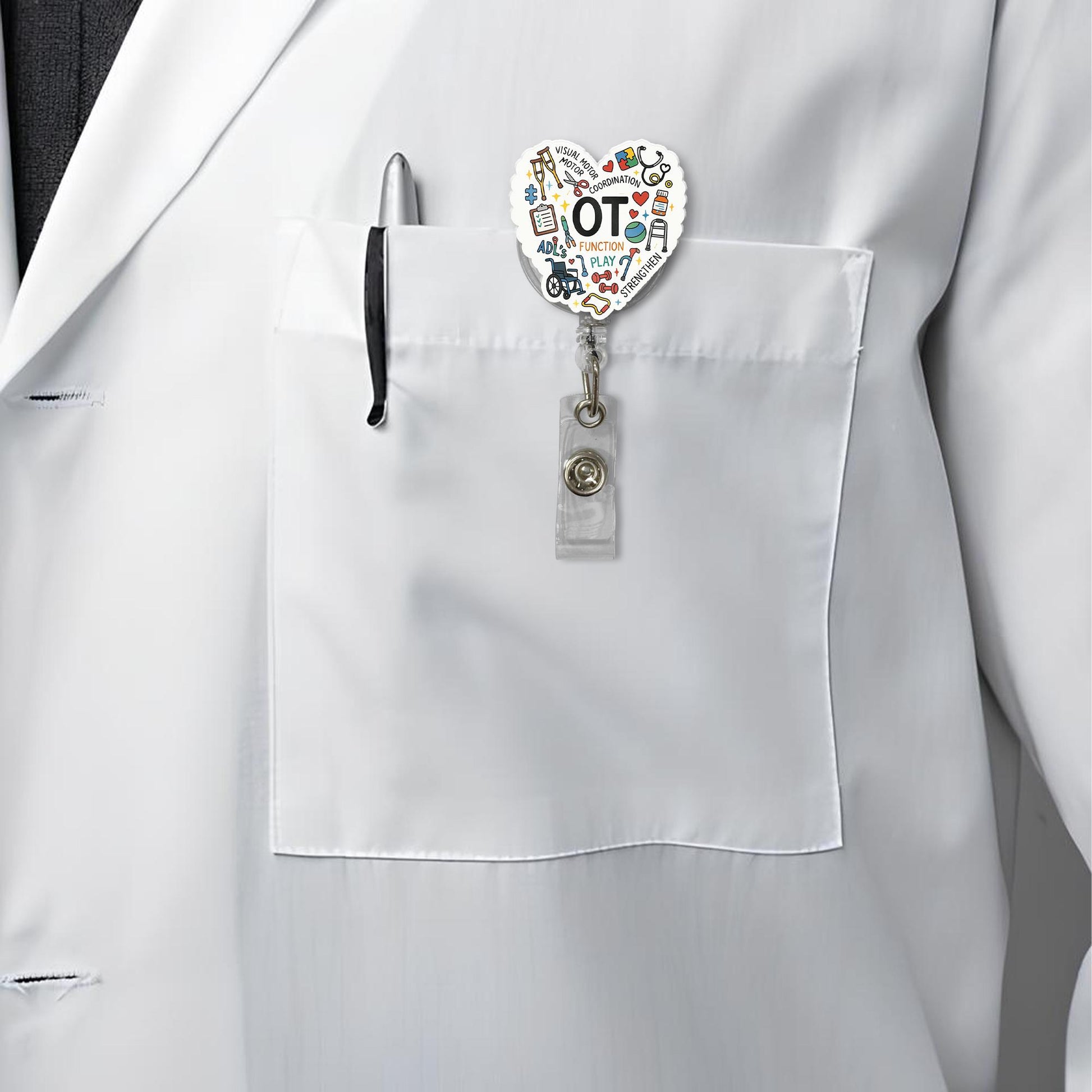 OT Badge Reel, Occupational Therapist Retractable ID Holder, Heart Clip, Cute OT Gift for Healthcare Worker, Therapy Badge Clip