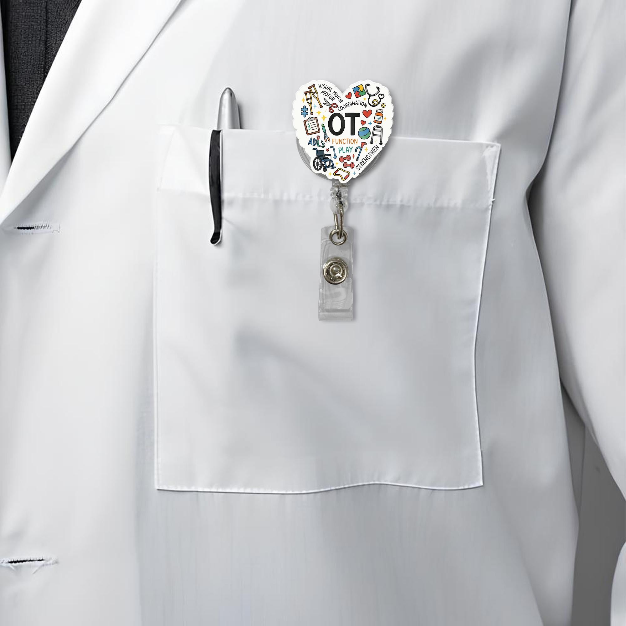 OT Badge Reel, Occupational Therapist Retractable ID Holder, Heart Clip, Cute OT Gift for Healthcare Worker, Therapy Badge Clip
