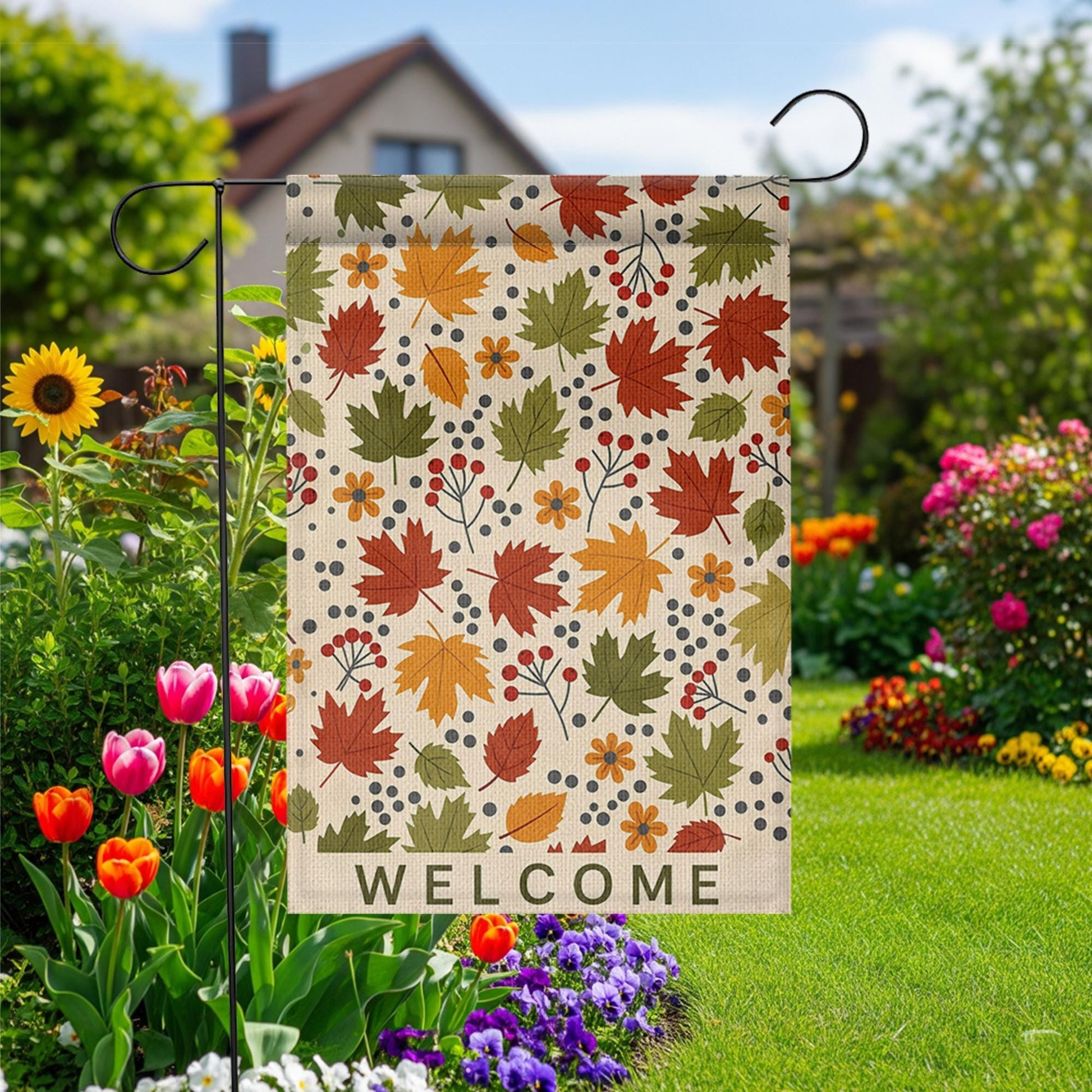 Welcome Fall Leaves Garden Flag – Autumn Yard Decor with Colorful Foliage and Berries, Seasonal Outdoor Sign for Porch or Garden Display