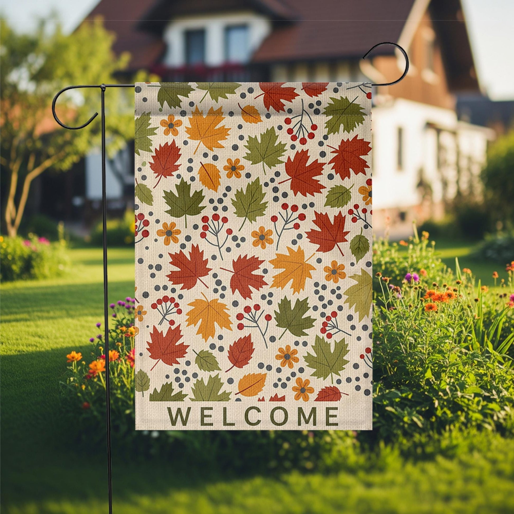 Welcome Fall Leaves Garden Flag – Autumn Yard Decor with Colorful Foliage and Berries, Seasonal Outdoor Sign for Porch or Garden Display