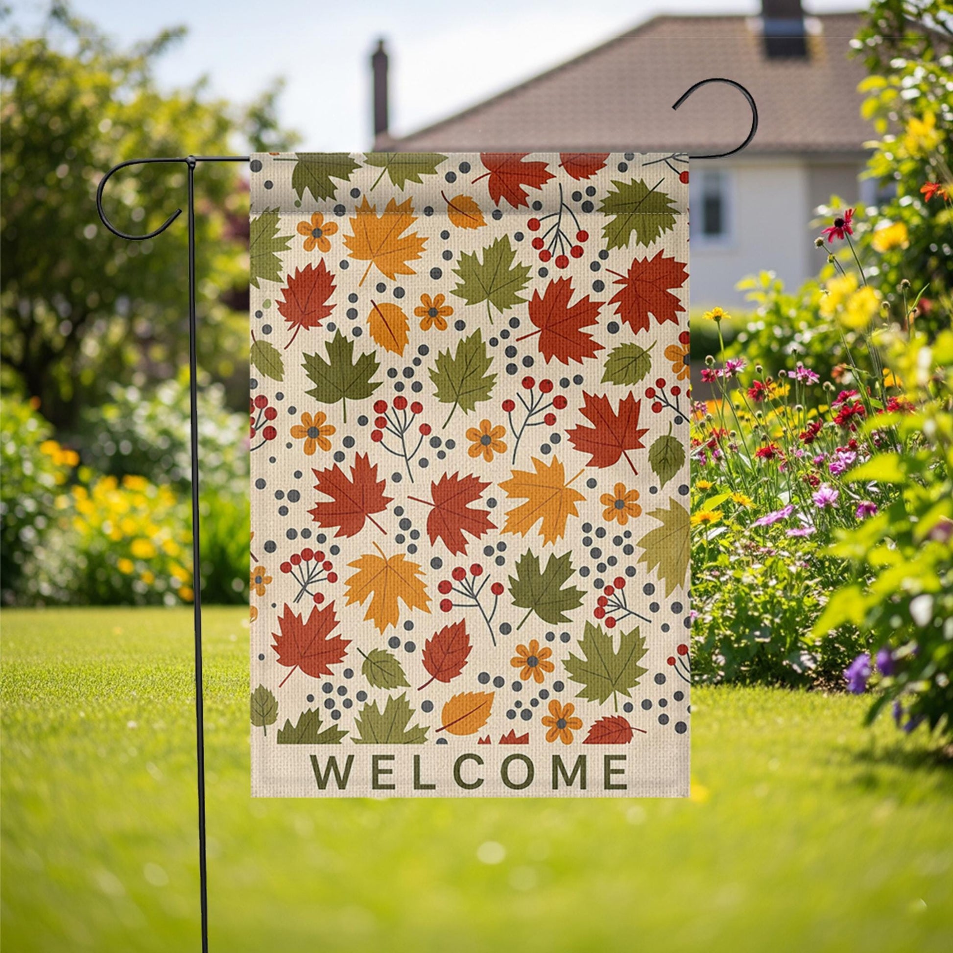 Welcome Fall Leaves Garden Flag – Autumn Yard Decor with Colorful Foliage and Berries, Seasonal Outdoor Sign for Porch or Garden Display