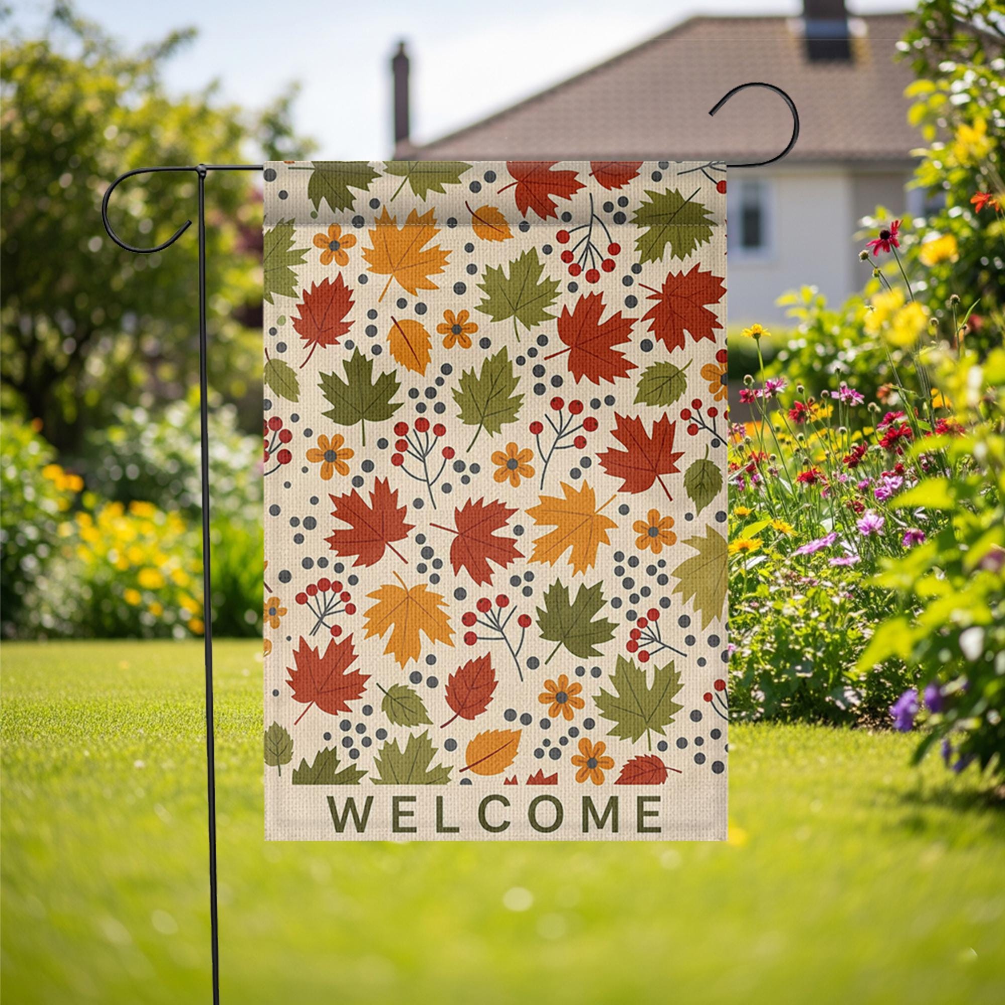 Welcome Fall Leaves Garden Flag – Autumn Yard Decor with Colorful Foliage and Berries, Seasonal Outdoor Sign for Porch or Garden Display