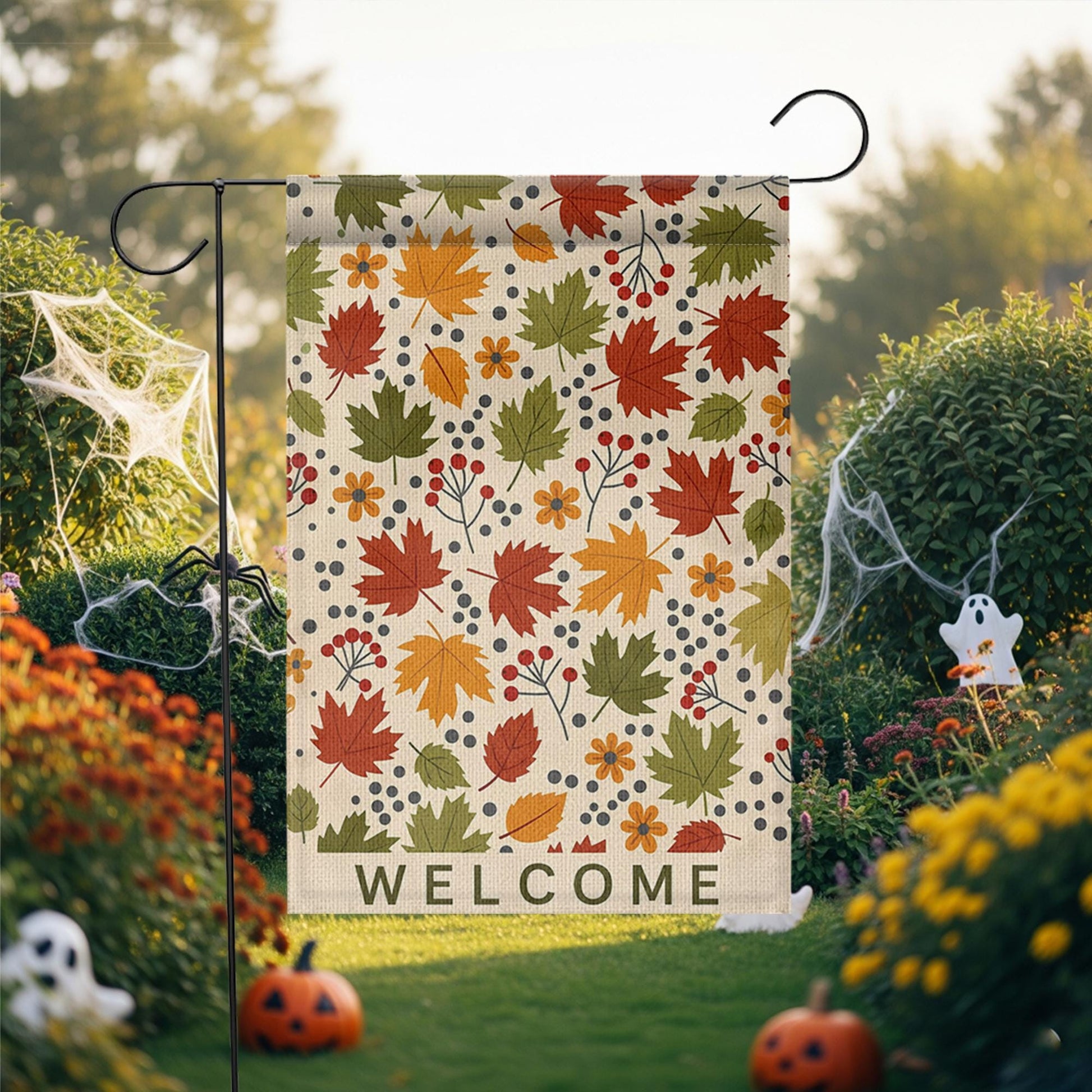 Welcome Fall Leaves Garden Flag – Autumn Yard Decor with Colorful Foliage and Berries, Seasonal Outdoor Sign for Porch or Garden Display