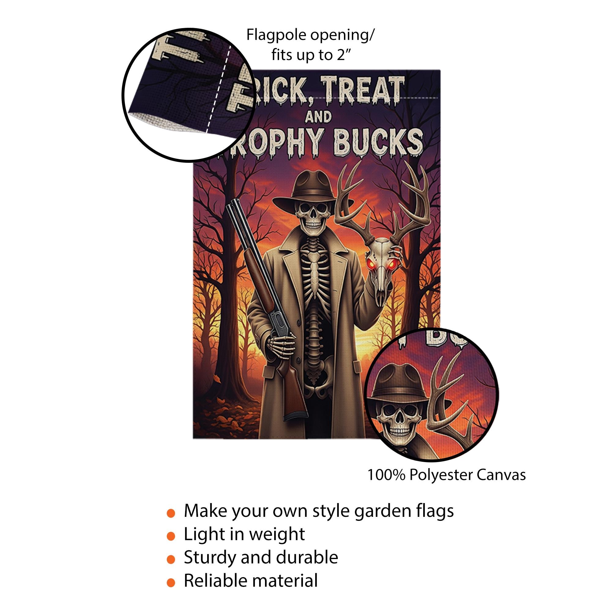 Trick Treat Trophy Bucks Garden Flag - Halloween Hunter Skeleton Yard Decor - Spooky Deer Skull Outdoor Fall Sign