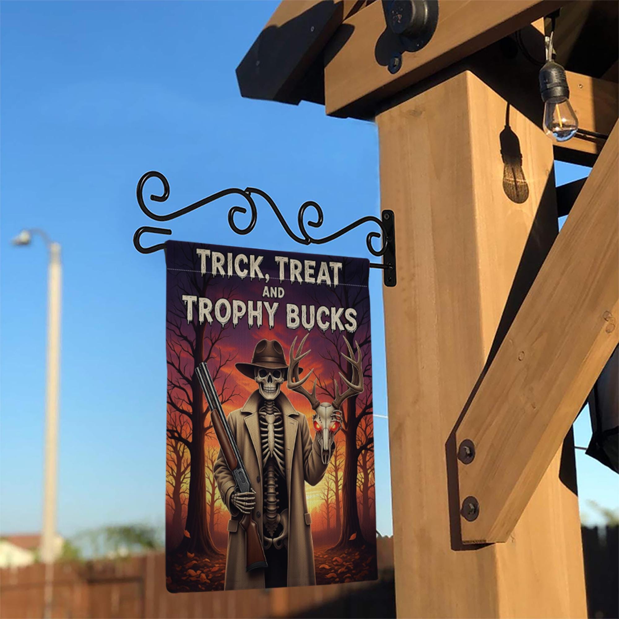 Trick Treat Trophy Bucks Garden Flag - Halloween Hunter Skeleton Yard Decor - Spooky Deer Skull Outdoor Fall Sign