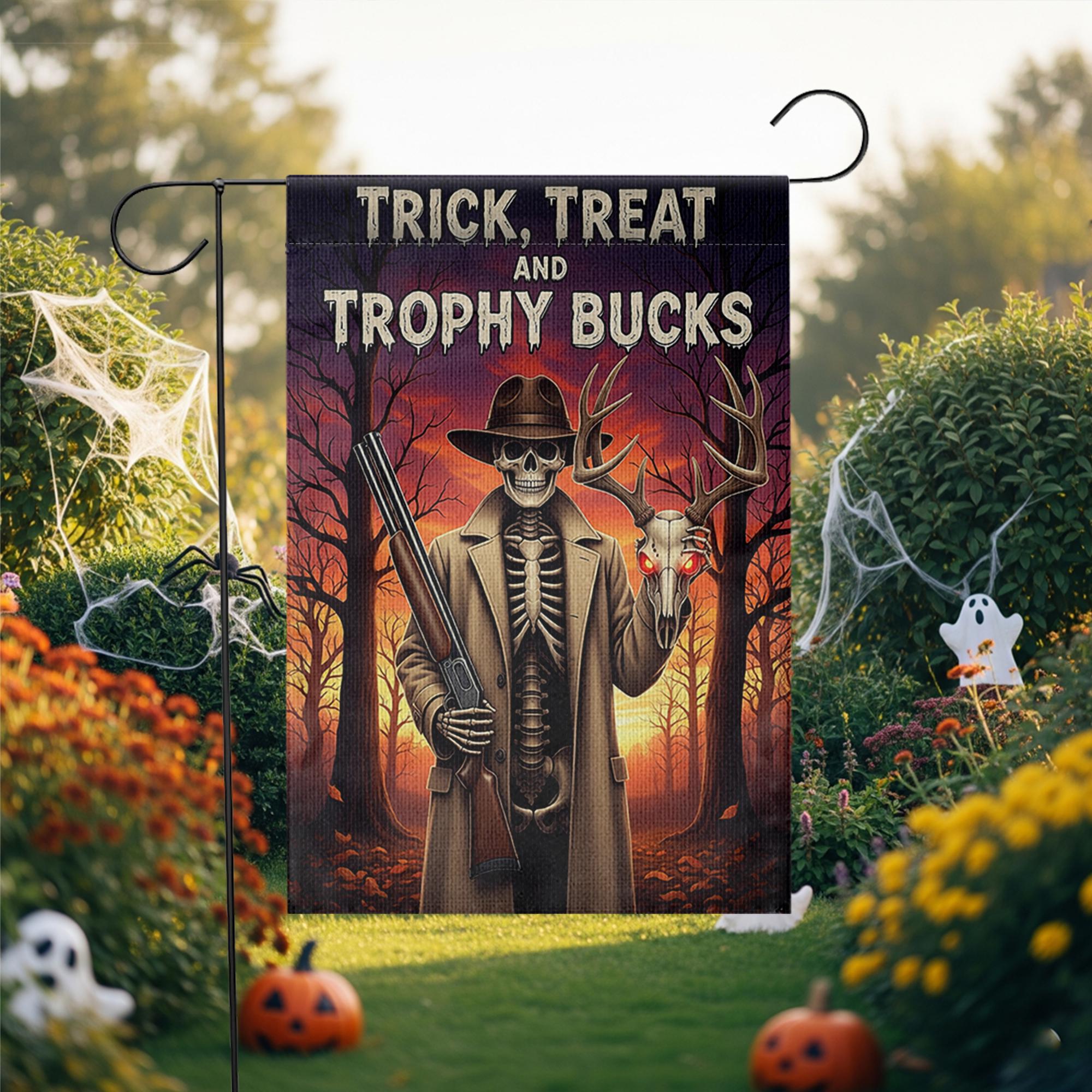 Trick Treat Trophy Bucks Garden Flag - Halloween Hunter Skeleton Yard Decor - Spooky Deer Skull Outdoor Fall Sign