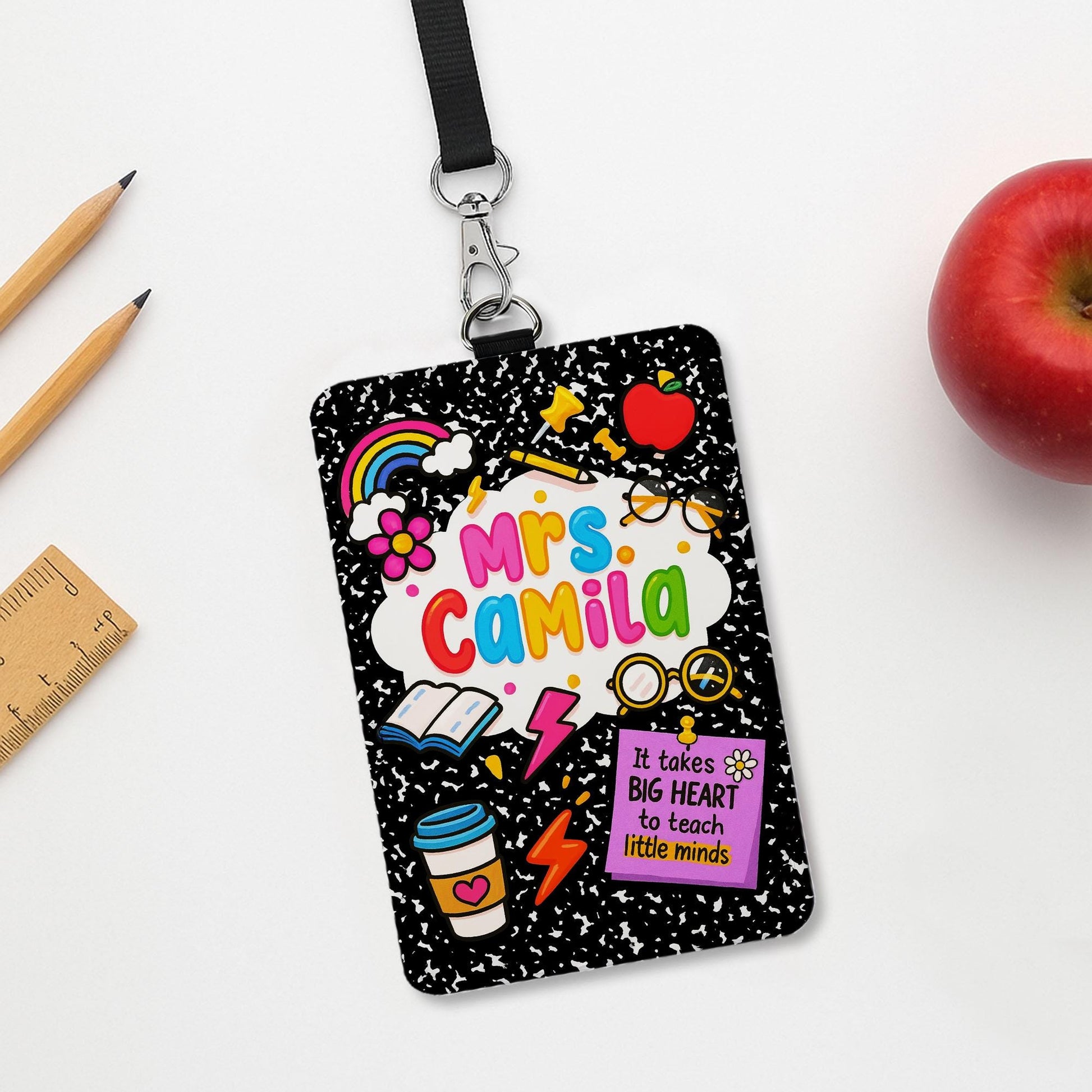Personalized Teacher Badge Holder – Cute Composition Notebook Design for Teachers, Educators – Big Heart Quote Lanyard ID Tag Gift