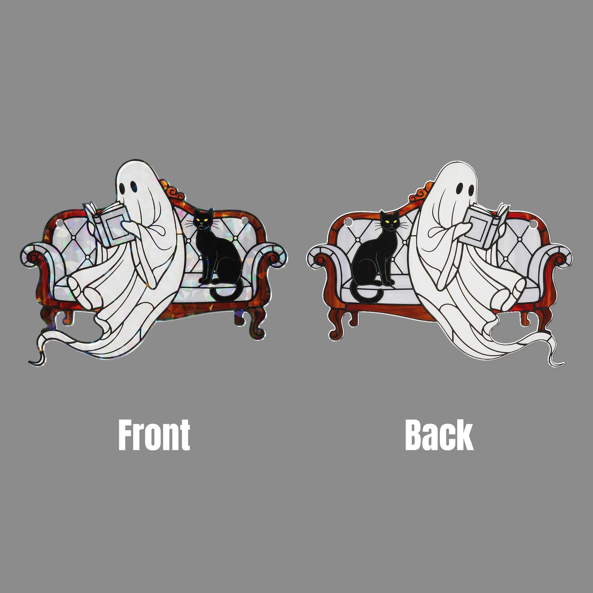 Holographic Ghost Reading Ornament, Black Cat Window Decor, Cozy Halloween Hanging, Spooky Ghost Light Catcher, Fall Book Lover Gift