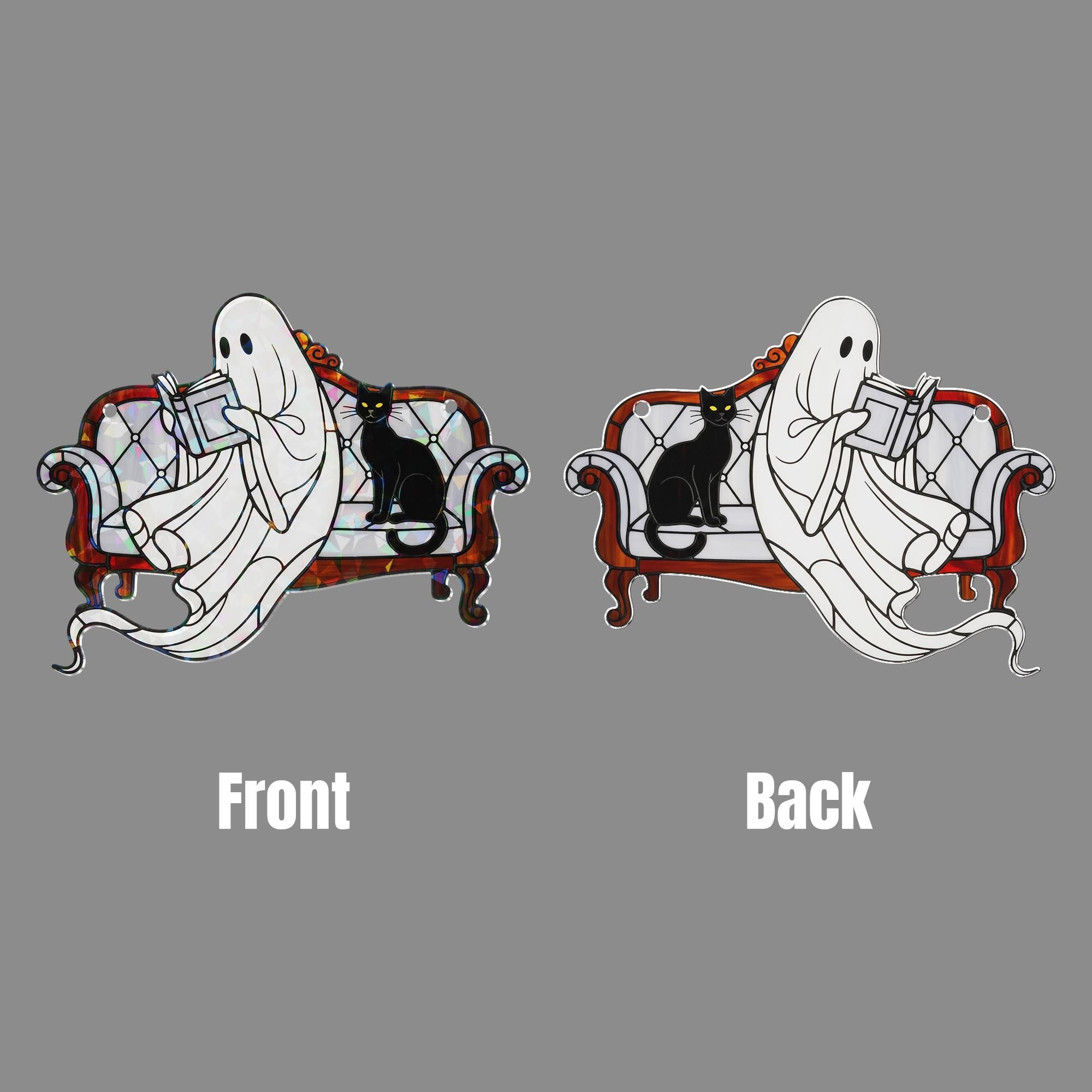 Holographic Ghost Reading Ornament, Black Cat Window Decor, Cozy Halloween Hanging, Spooky Ghost Light Catcher, Fall Book Lover Gift