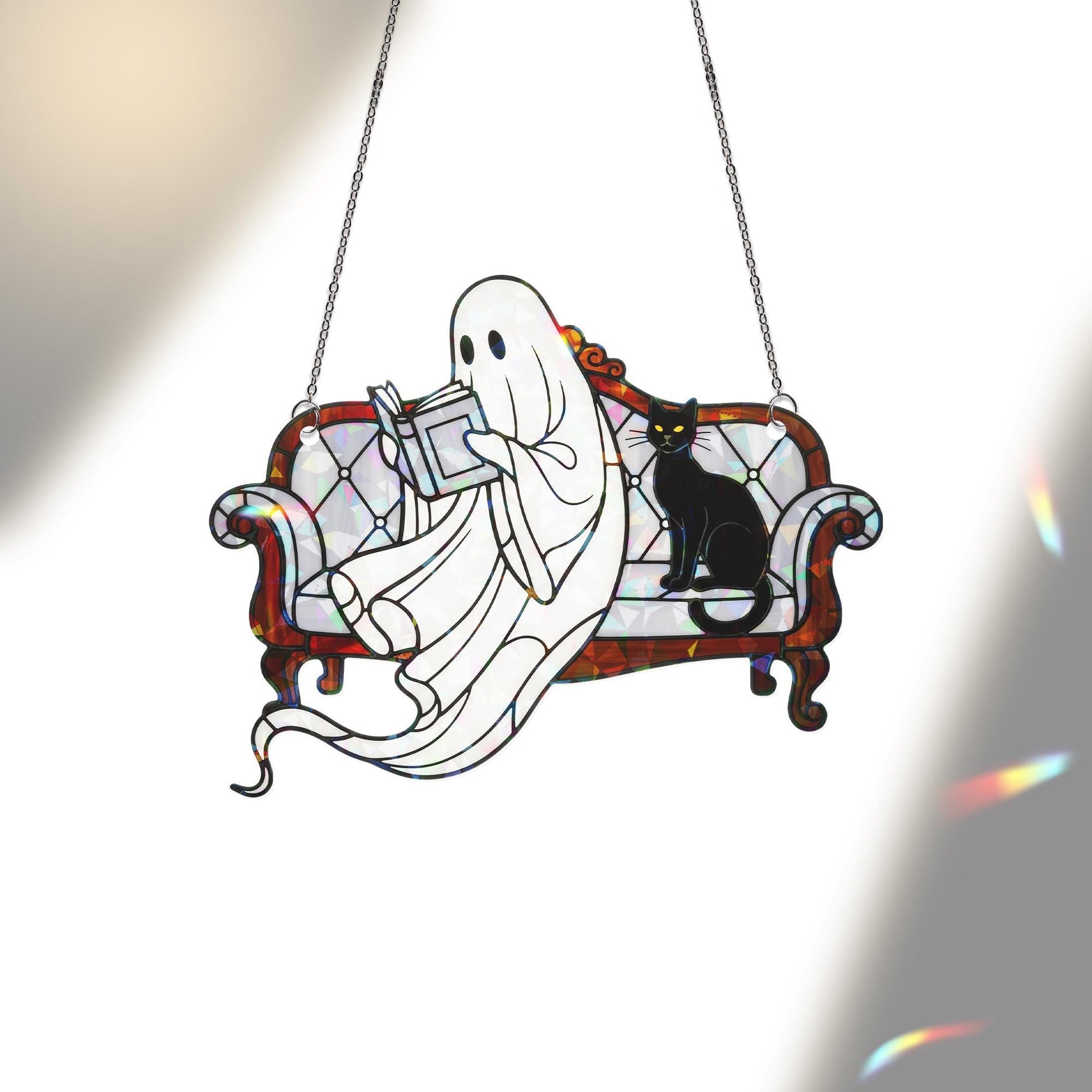 Holographic Ghost Reading Ornament, Black Cat Window Decor, Cozy Halloween Hanging, Spooky Ghost Light Catcher, Fall Book Lover Gift