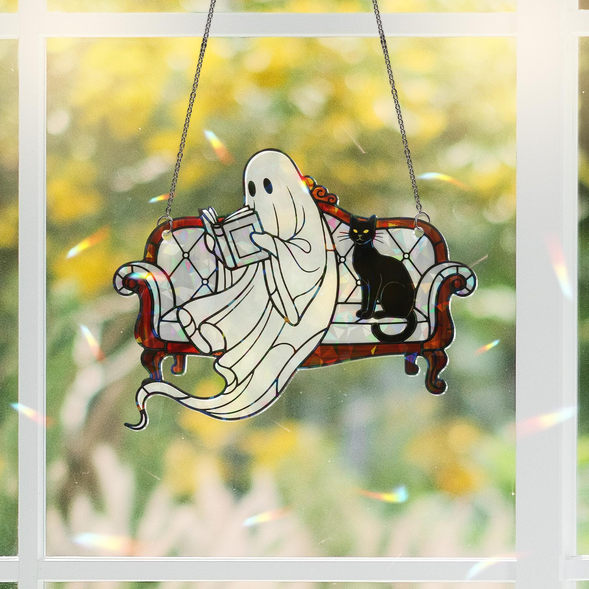Holographic Ghost Reading Ornament, Black Cat Window Decor, Cozy Halloween Hanging, Spooky Ghost Light Catcher, Fall Book Lover Gift