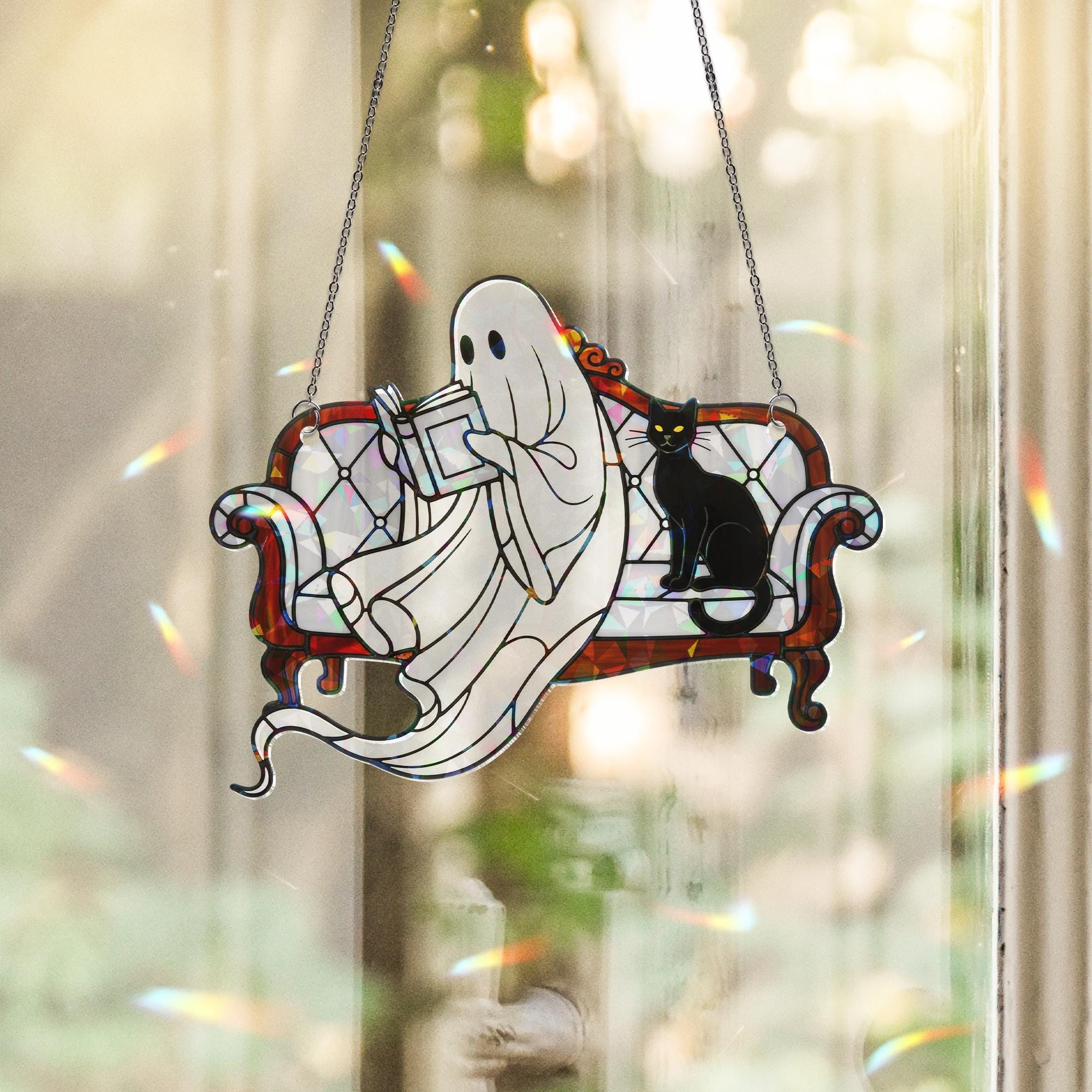 Holographic Ghost Reading Ornament, Black Cat Window Decor, Cozy Halloween Hanging, Spooky Ghost Light Catcher, Fall Book Lover Gift