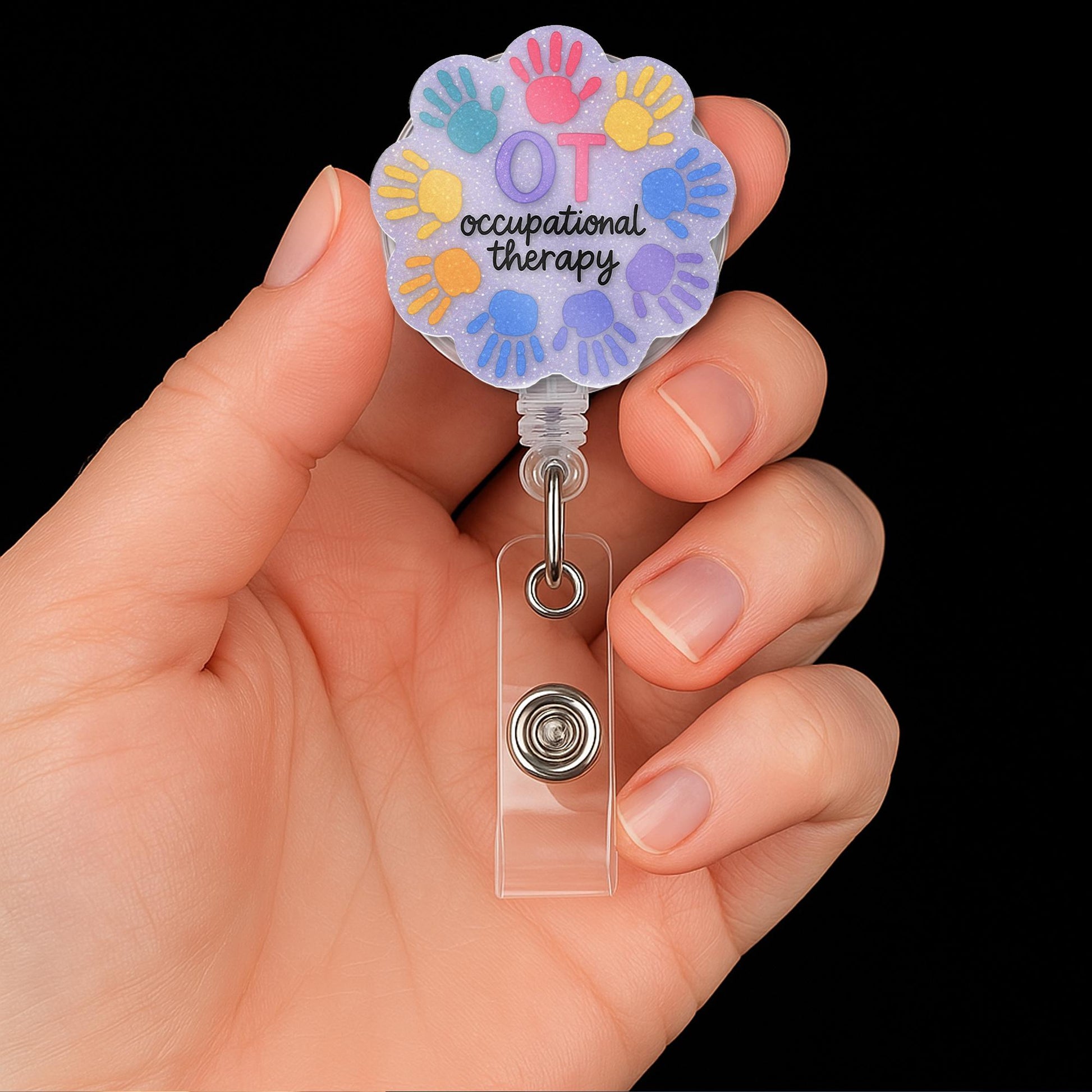 OT Badge Reel with Colorful Handprints, Faux Glitter Occupational Therapy ID Holder, Cute Clip for Therapists, OT Student Gift Idea