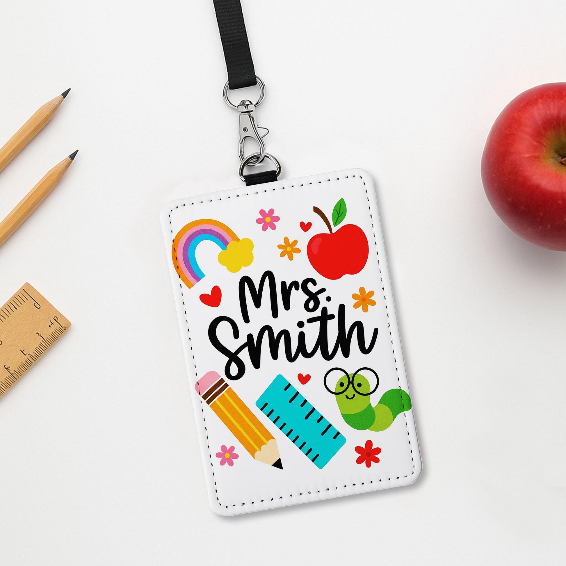 Personalized Teacher Badge Holder, Cute School Icons ID Tag for Teachers, Educators, Rainbow, Pencil, Apple Design Lanyard Gift, School Gift