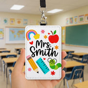 Personalized Teacher Badge Holder, Cute School Icons ID Tag for Teachers, Educators, Rainbow, Pencil, Apple Design Lanyard Gift, School Gift